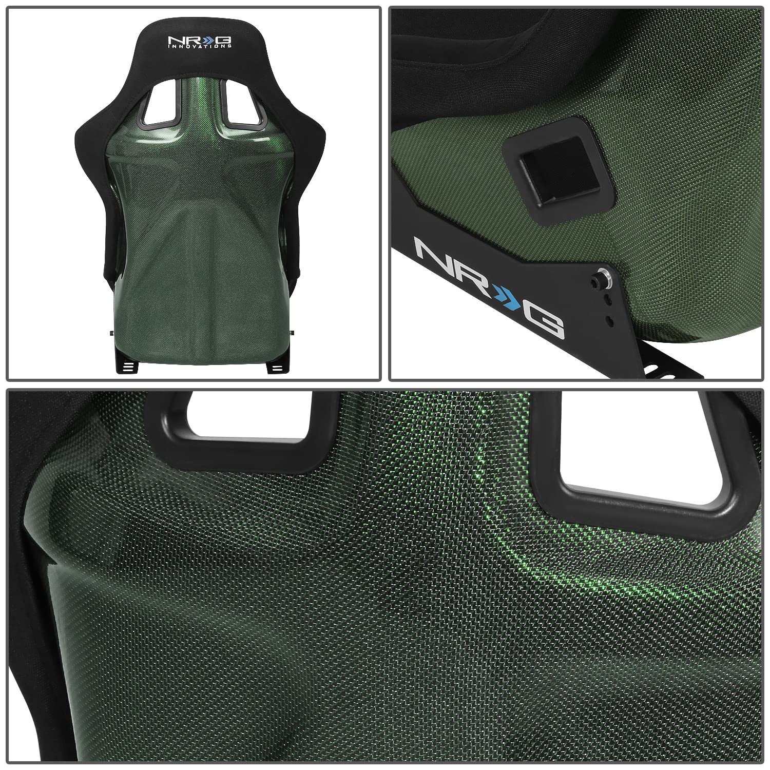 NRG Innovations Fixed Back NRG-RSC-302CF-GN Bucket Racing Seat with Universal Side Mount Bracket, Green Carbon Fiber Back, Black/Green