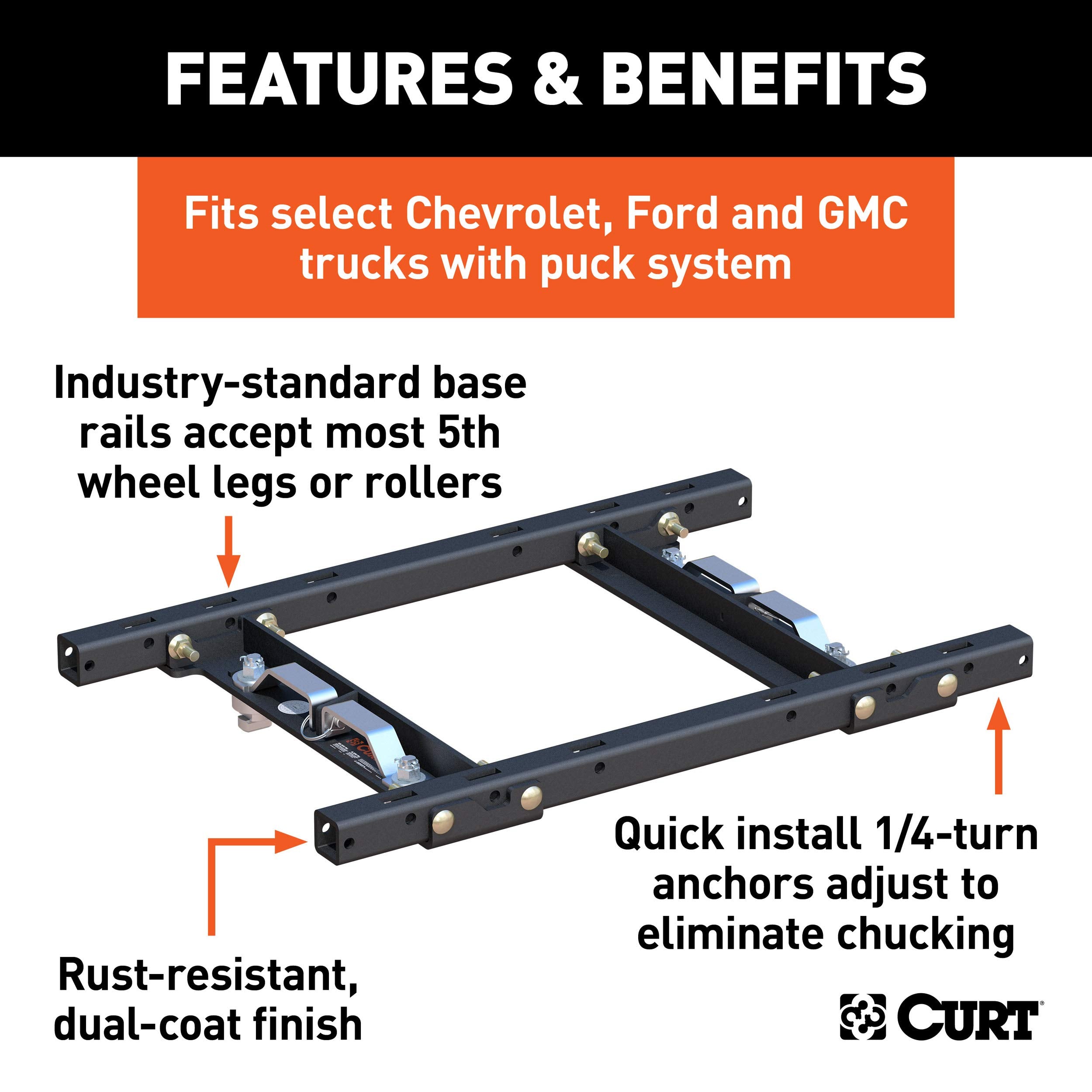 CURT 16027 Silverado Replacement, Sierra 2500, 3500, Ford F250, F350 Puck System 5th Wheel Adapter with Standard Rails, 25,000 lbs