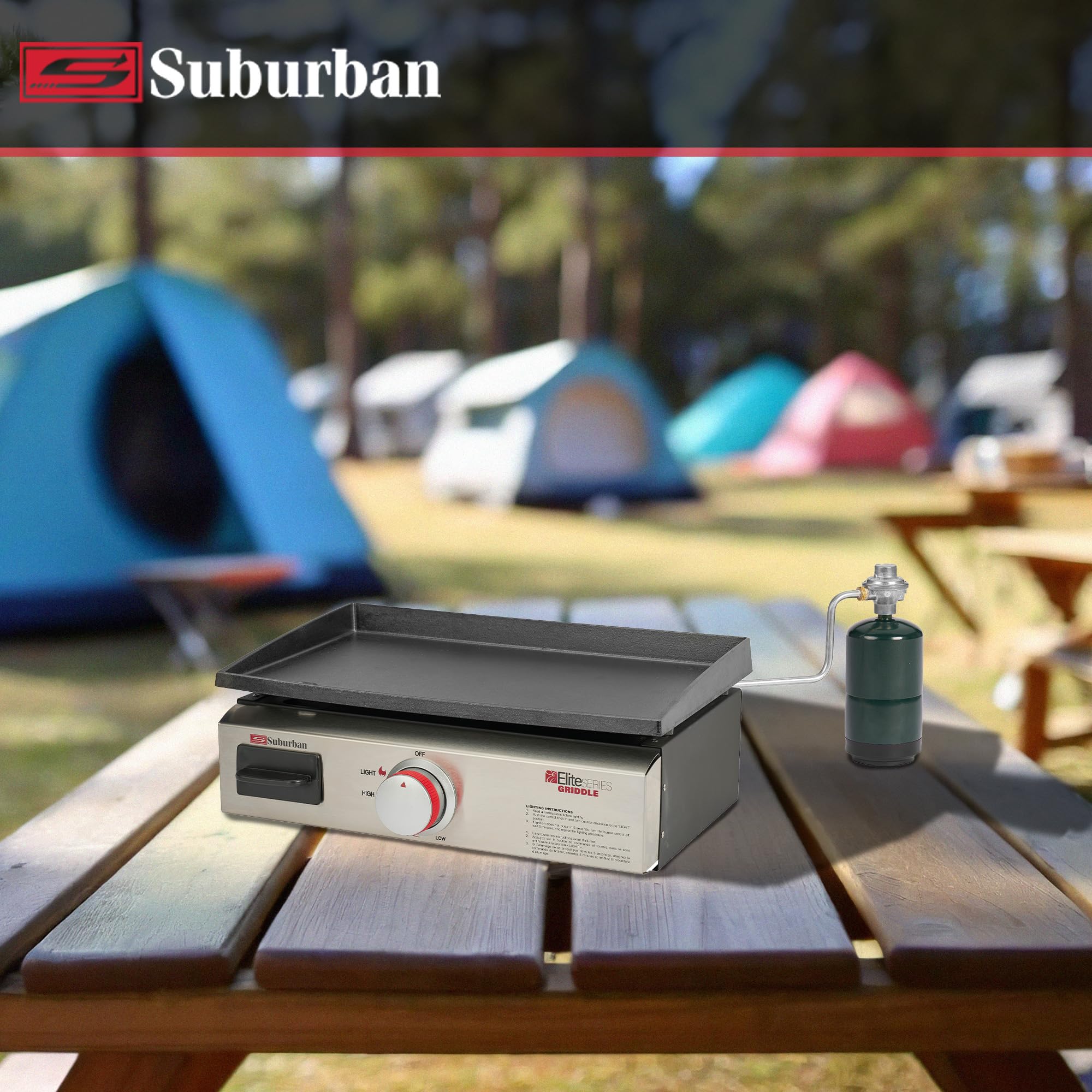 18" Suburban Signature RV Griddle with Quick Connect and 1 lb. Bottle Adapter - Compact Stowable Design, 20% Hotter Than Comparable Units, CSA Certified for RV Outdoor Use (4062A)