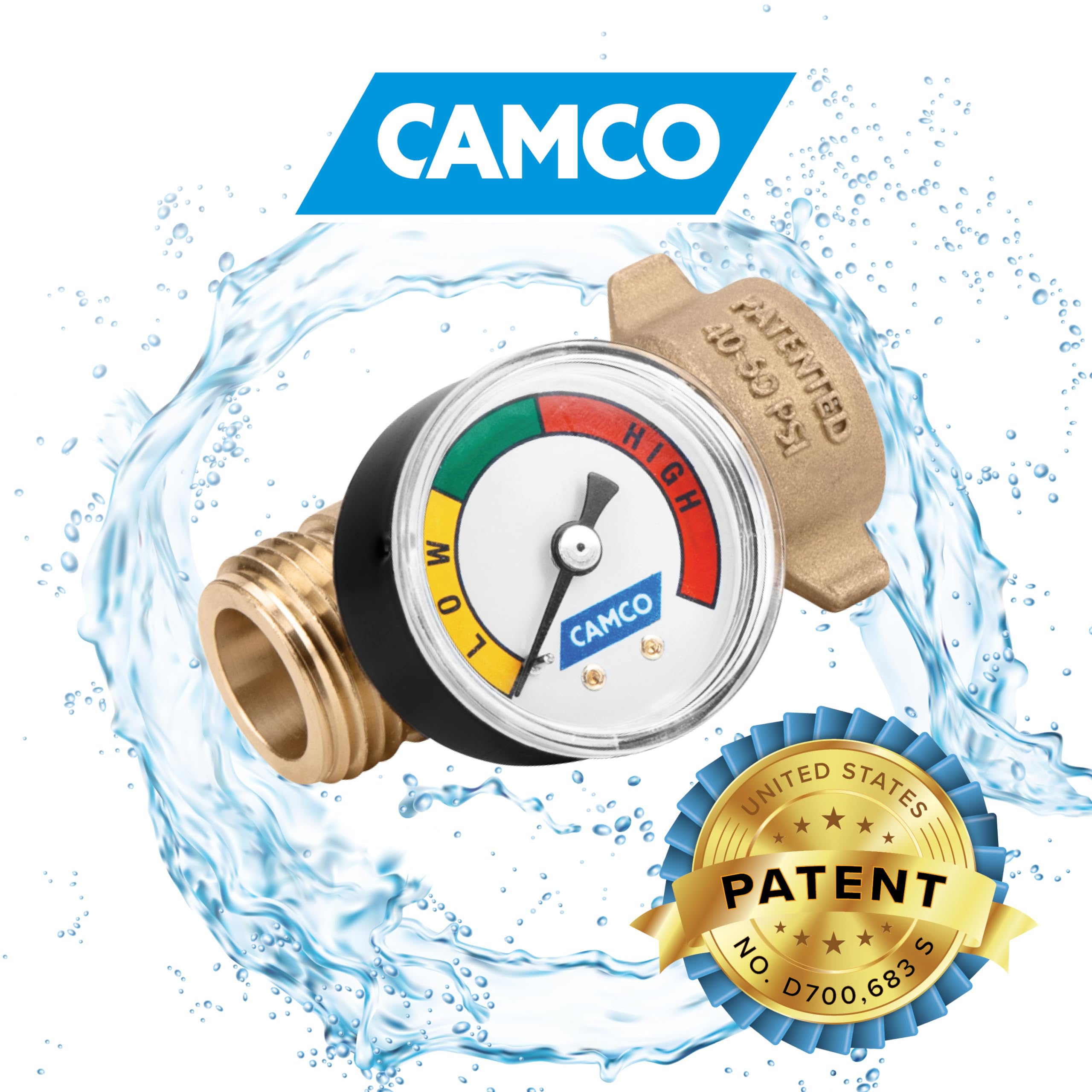 Brass Camco Water Pressure Regulator with Gauge- Helps Protect RV Plumbing and Hoses from High-Pressure City Water - Easy Read Gauge (40064)