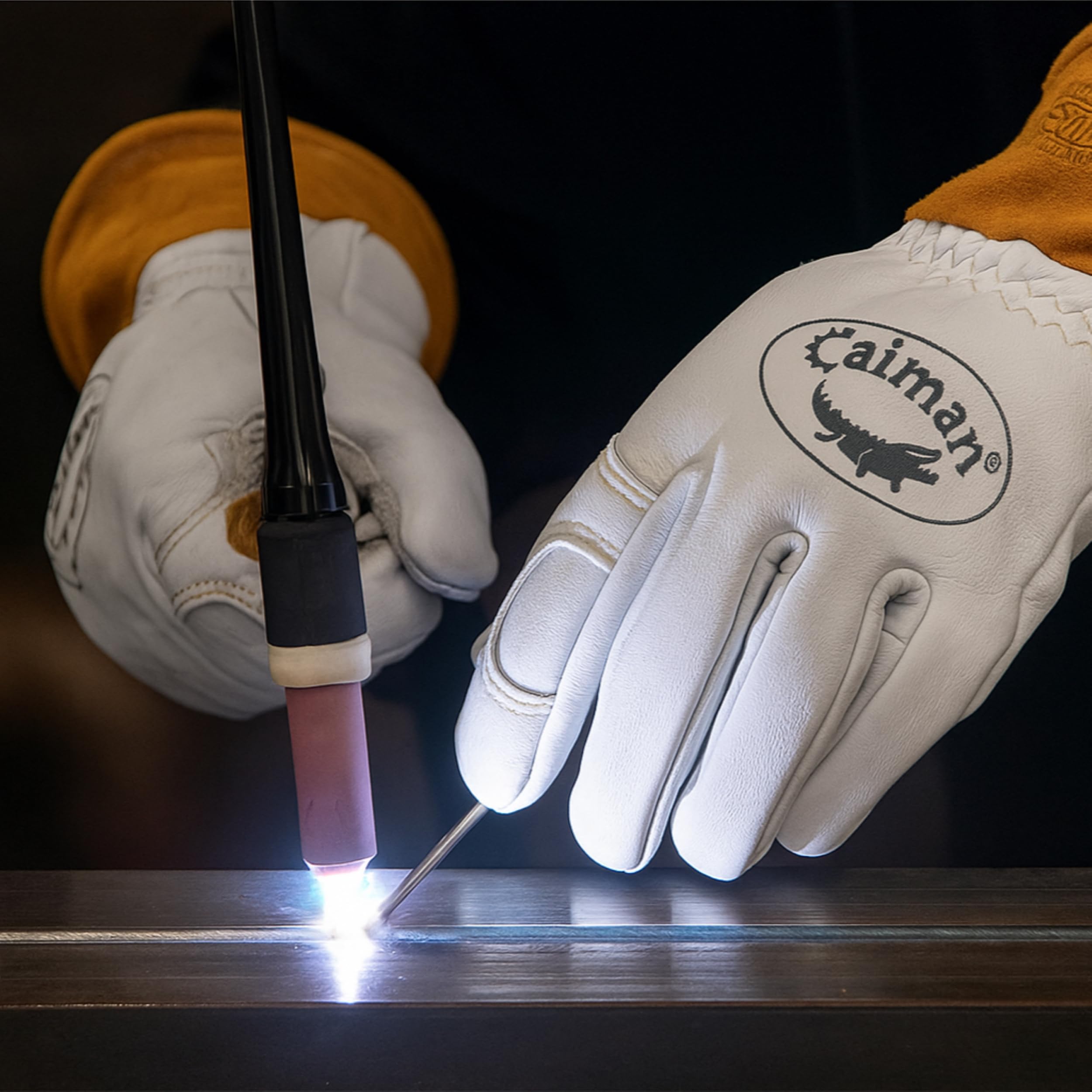 Caiman Goat Grain Premium TIG/MIG Welding Gloves, Wool Insulated Back, Scalloped Cuff, Boarhide Palm, White/Gold, Small (1871-3)