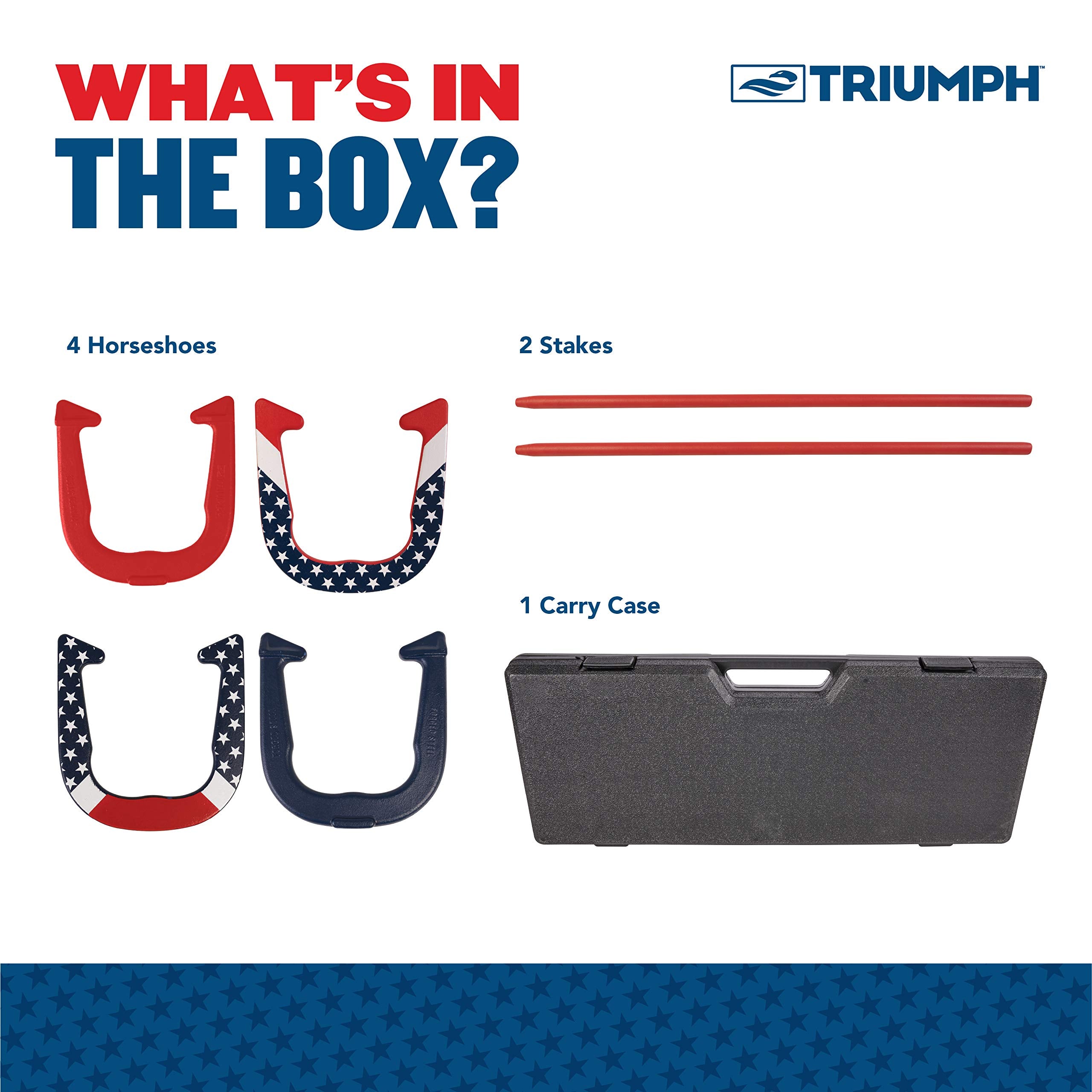 Forged Horseshoe Set TRIUMPH SPORTS USA Complete with 4 Horseshoes, 2 Stakes and Hard Plastic Case with Locking Tabs for Transportation and Storage