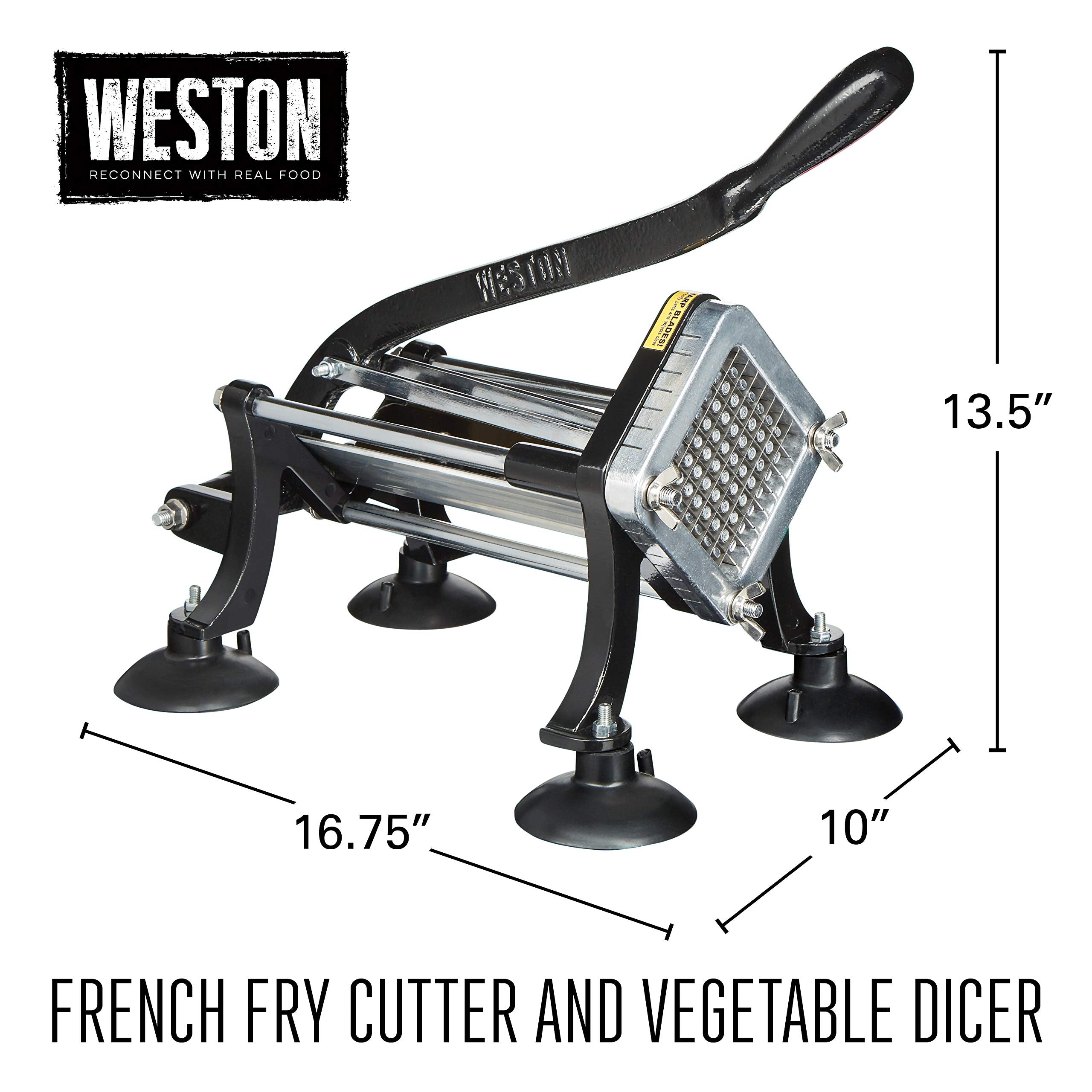 Weston French Fry Cutter Professional for Potatoes and Vegetable Dicer, 3/8” Stainless Steel Cutting Blade, Suction Cup and Wall-Mount Feet, Restaurant-Quality, Black (36-3550-W)