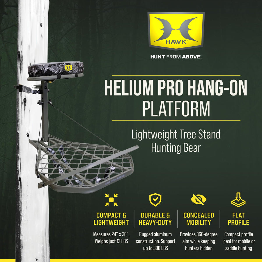 Hawk Tree Stand Hang-On, Platform w/Safety Harness & Straps for Deer Hunting, Helium Pro - Adjustable Climbing Treestand Accessory and Equipment for Shooting