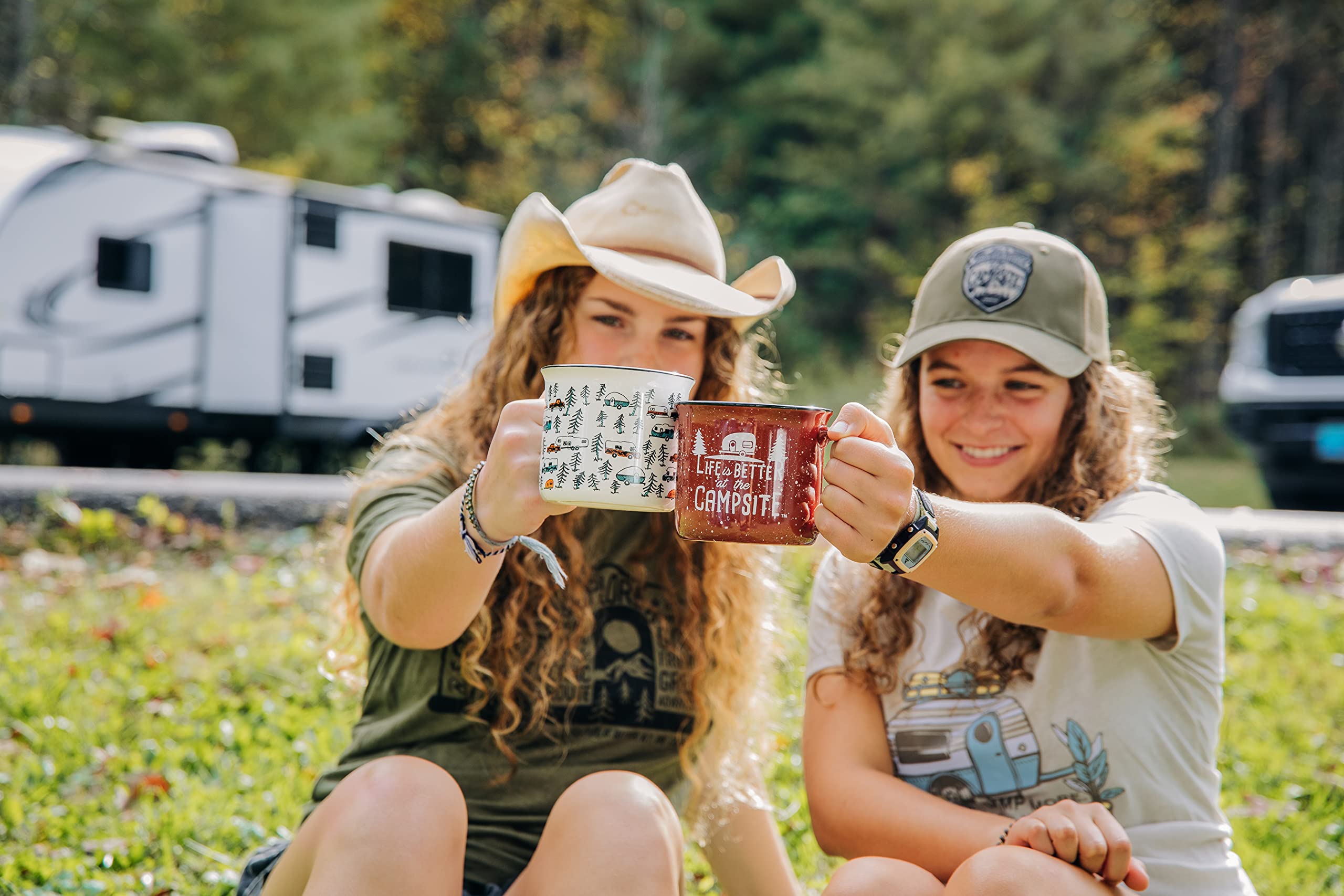Camco Ceramic Coffee Mug is Better at The Campsite - Microwave and Dishwasher Safe - Features Sketched RVs Design - Coffee Cup Holds 14oz. (53383)