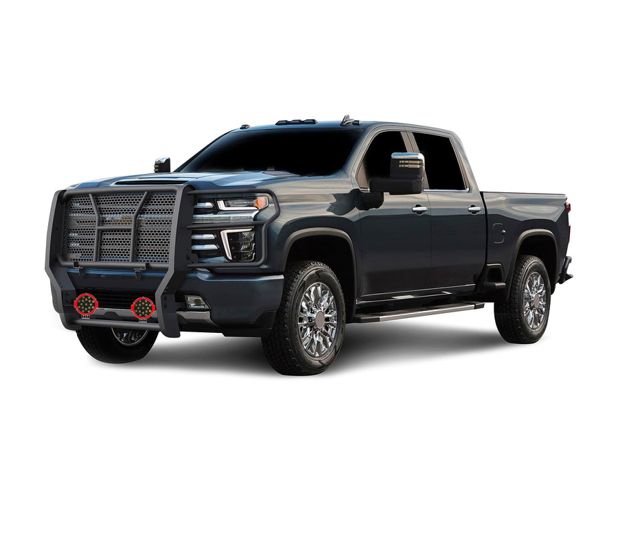 Heavy Duty Black Horse Rugged Grille Brush Bumper Guard Modular Come with Pair of 7.0" LED Lights with Red Trim Rings Compatible with 2020-2024 Silverado 3500 HD/2500 HD-RU-CHSI30-B-PLR