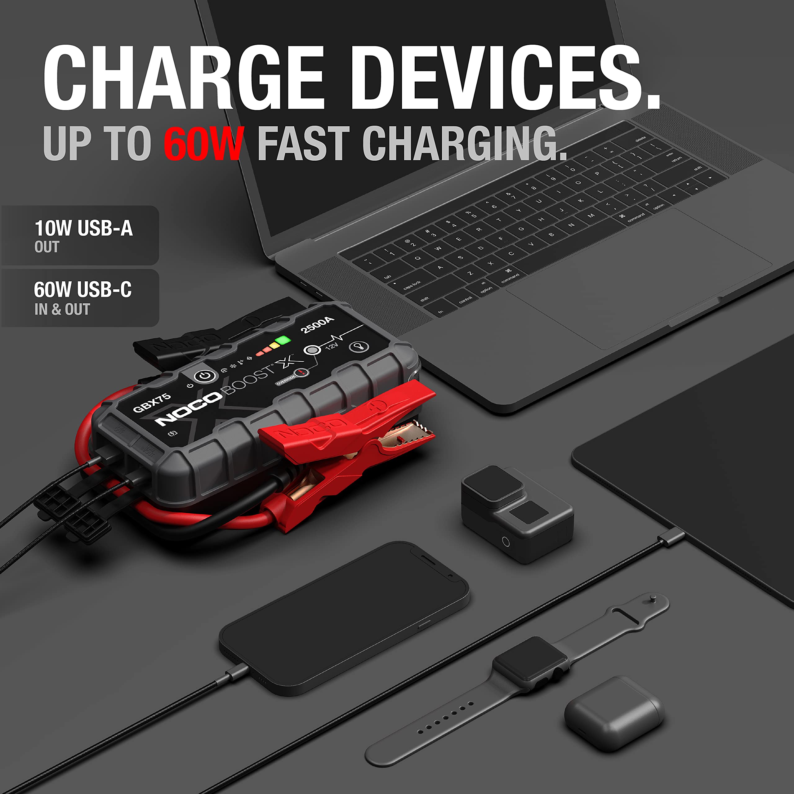 Boost X NOCO GBX75: 2500A UltraSafe Jump Starter – 12V Lithium Battery Booster Pack, Portable Jump Box, Power Bank & Jumper Cables - for 8.5L Gas and 6.5L Diesel Engines