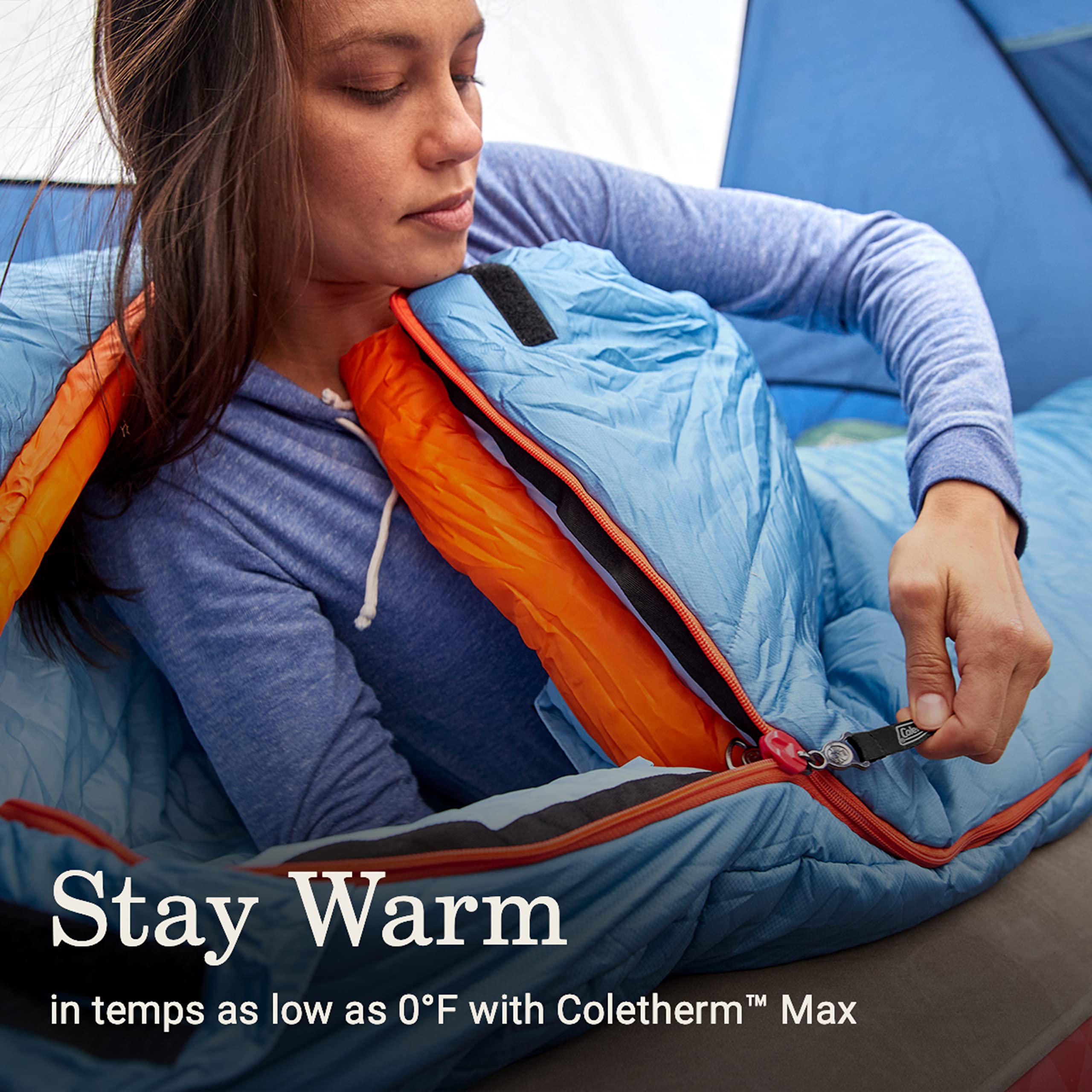 Coleman 0/20/40°F Big Bay Cold-Weather Sleeping Bag, Adult Mummy Sleeping Bag with Headrest, Foot Ventilation, & Storage Sack, Big & Tall Options