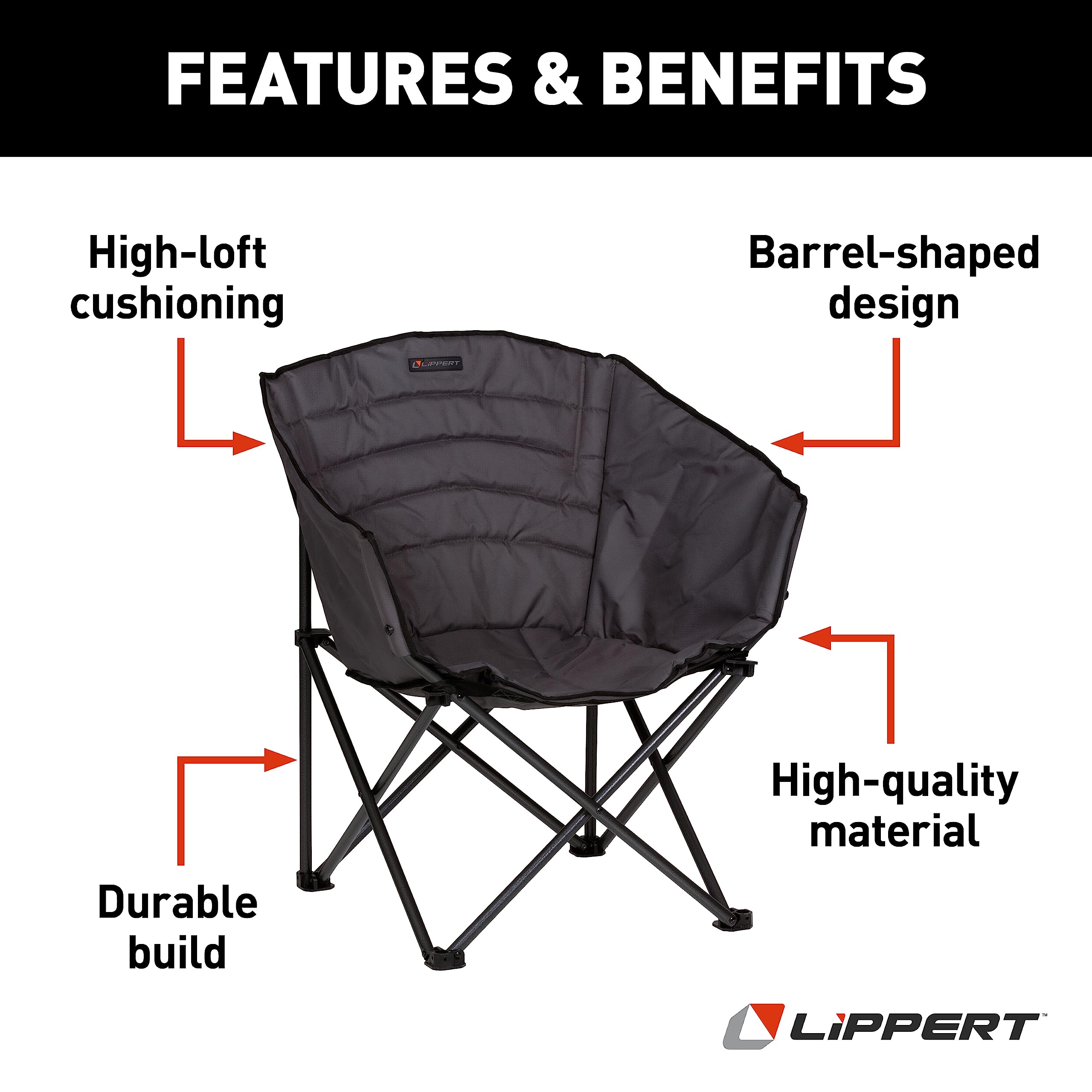Campfire Lippert Barrel Chair - Dark Grey, Comfortable Barrel Shape, High-Loft Cushioning, Foldable, Powder Coated Steel, Lightweight, Durable Polyester or Oxford Outdoor Fabrics, 2022114800