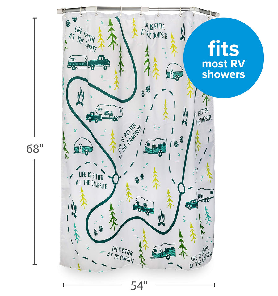 Camco RV-Sized Shower Curtain, Life is Better at The Campsite Features Map Design - Sized to Fit Most RV Showers - Includes (12) Plastic Rings (53245)