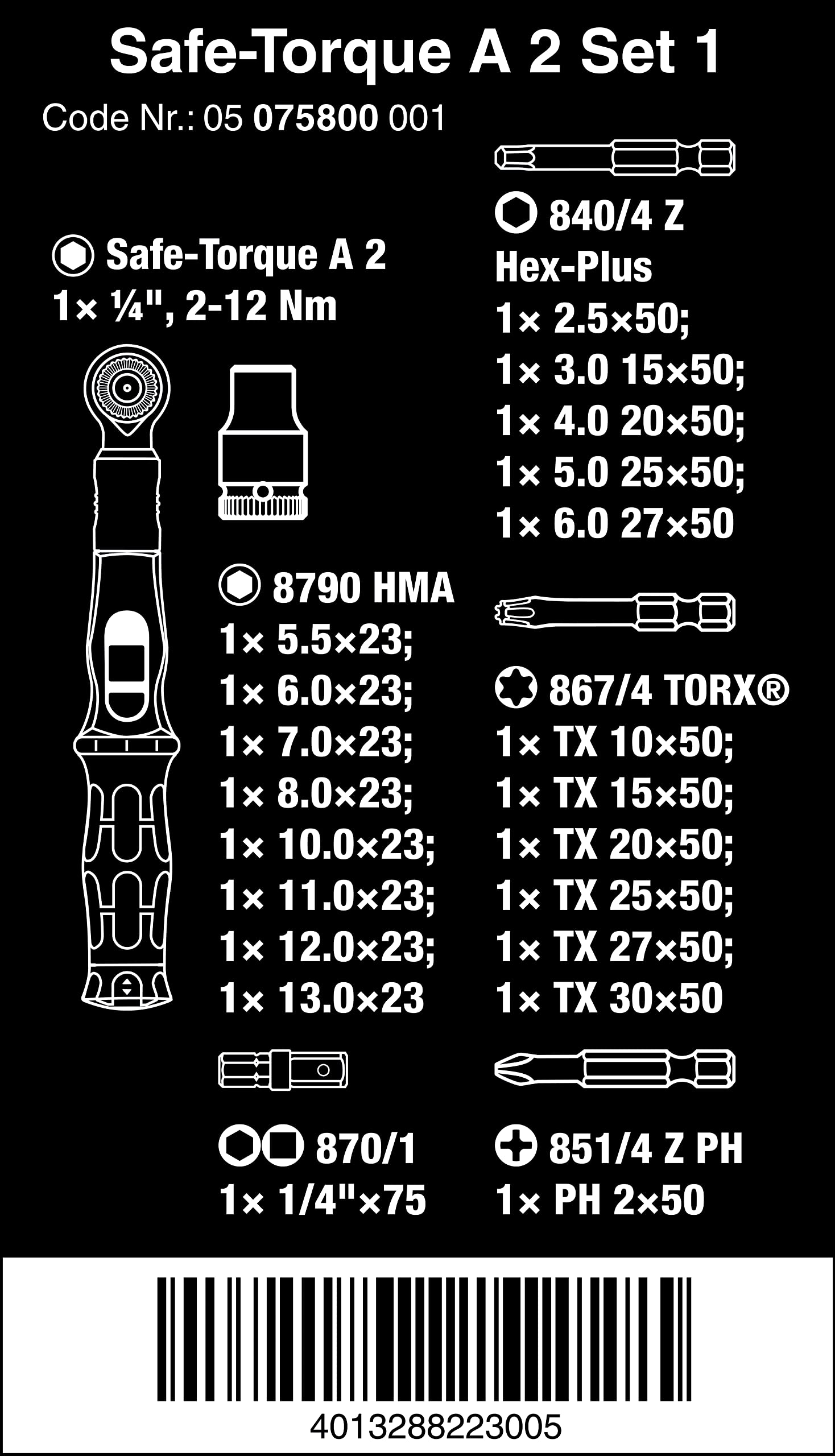 Wera Safe-Torque A 2 Set 1, Torque Wrench Set, 1/4" Hexagonal, 2-12 Nm, 23 Pieces, Black Green