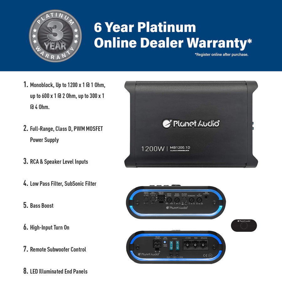 Planet Audio Mini Bang Series MB1200.1D Class D Car Amplifier - 1200 High Output, Low/High Level Inputs, Low/High Pass Crossover, Bass for Subwoofer