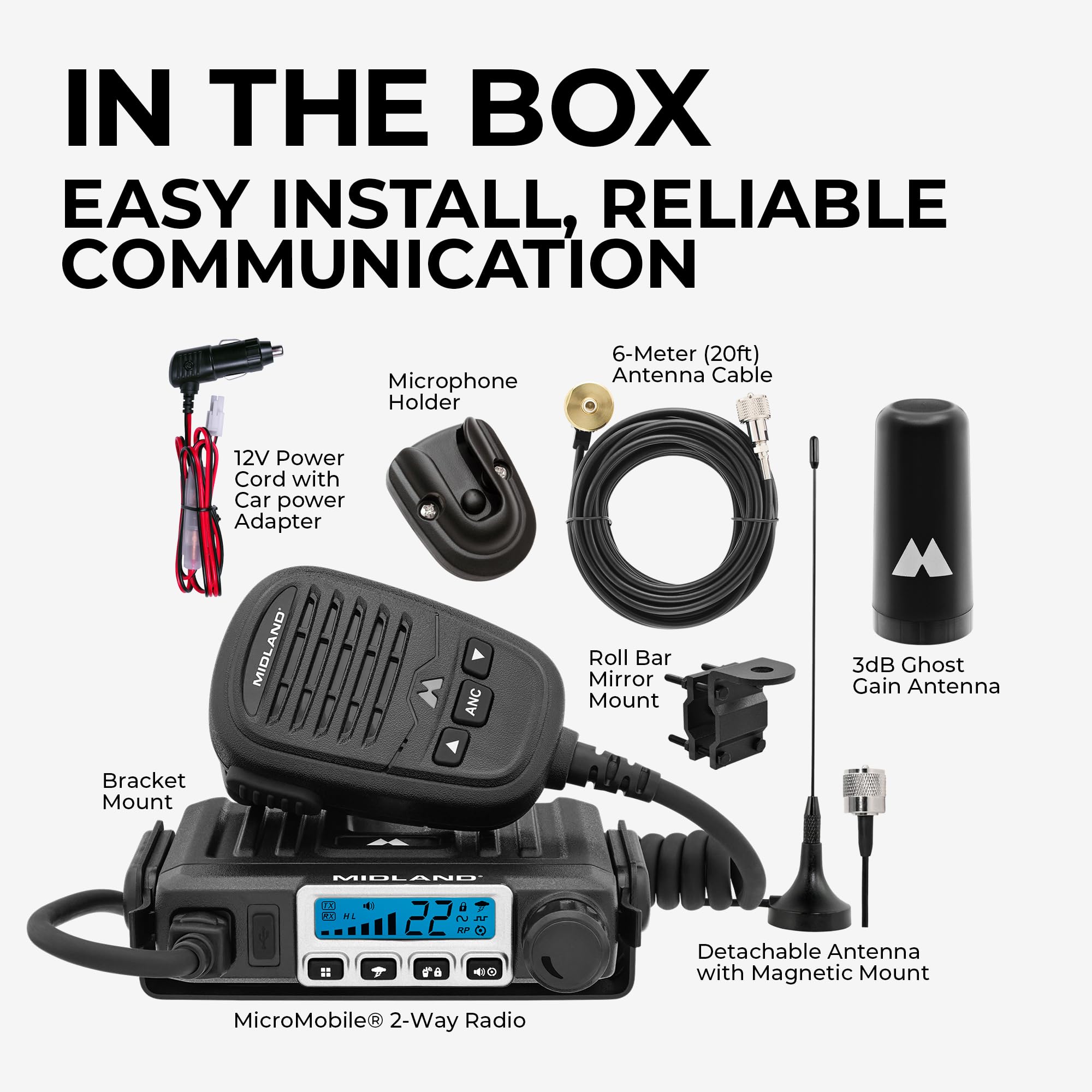 MXT115AGVP3 – Midland 15 Watt GMRS MicroMobile Two Way Radio - Off Roading Outdoor Farm Radio - Extended Range 3dB gain Ghost Antenna, Antenna Cable, Mounting Bracket - Farm Tractor Bundle