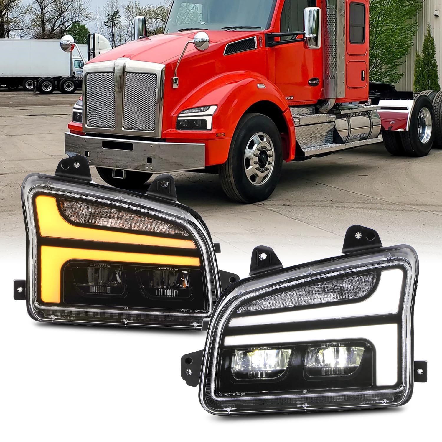 Fit 2019+ Kenworth T880 Class 8 Truck AKKON Full LED DRL Switchback Headlights Black Lamps Left Driver + Right Passenger