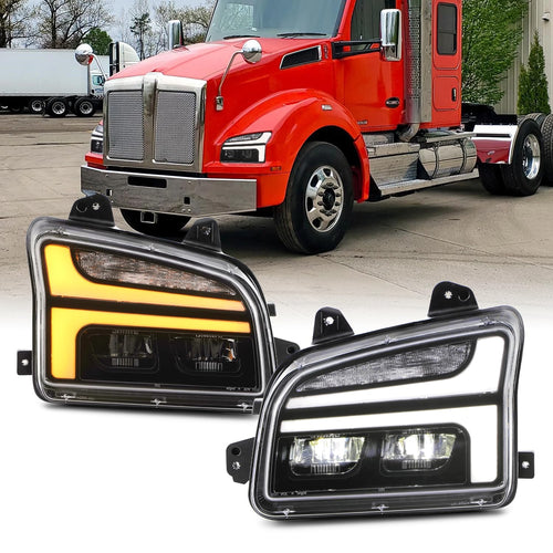 Fit 2019+ Kenworth T880 Class 8 Truck AKKON Full LED DRL Switchback Headlights Black Lamps Left Driver + Right Passenger