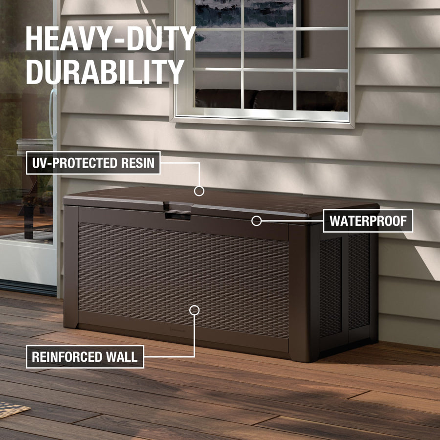 Rubbermaid Outdoor Storage Extra Large Deck Box (134 Gal), Weather Resistant, Brown, Deck Organization for Home/Backyard/Pool Chemicals/Toys/Garden Tools/Porch/Patio Cushions