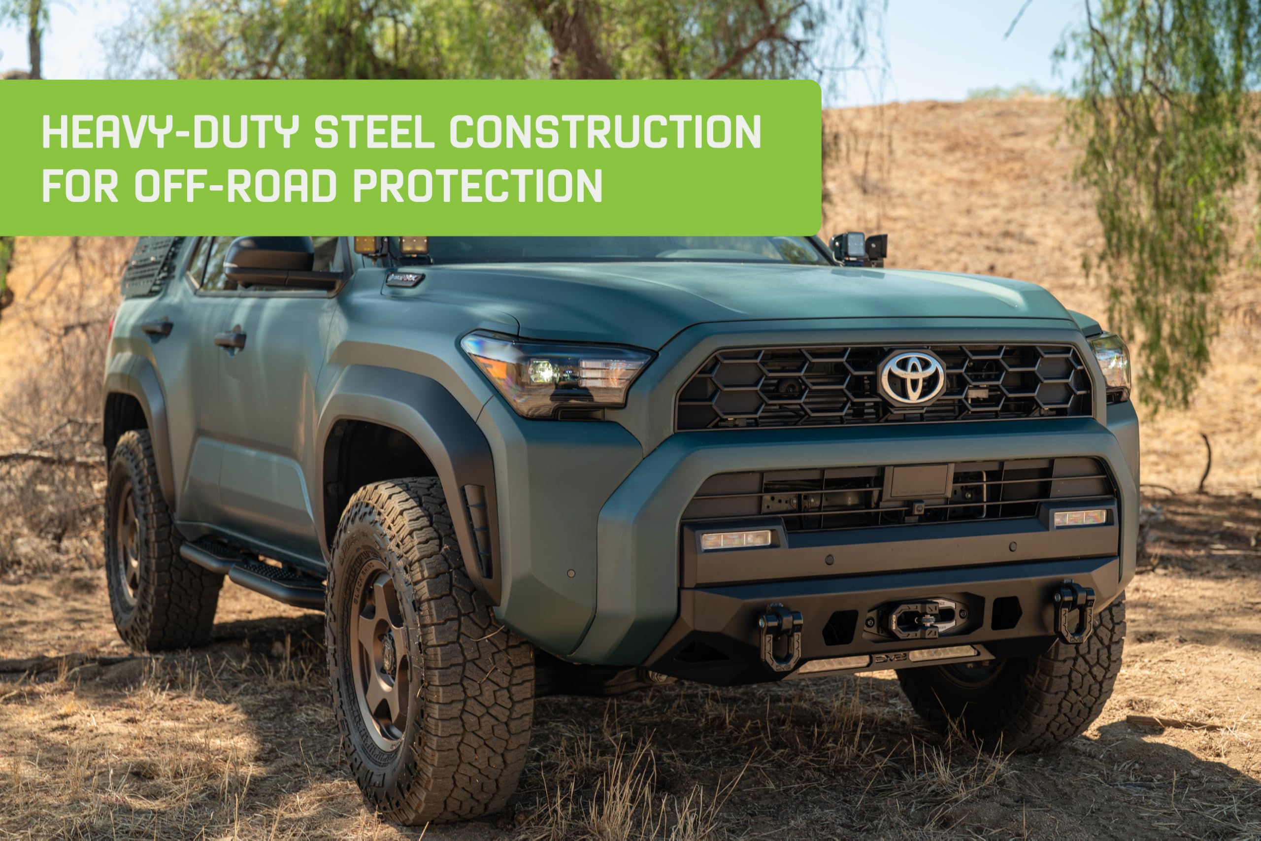 Centric Winch Front Bumper DV8 Offroad for 2025 Toyota 4Runner | Winch Mount | 20" Single Row Light Bar Mount | Pair of 3" Pod Light Mounts | (2) 1" Thick D-Ring Mounts | Powder Coated Finish | Steel