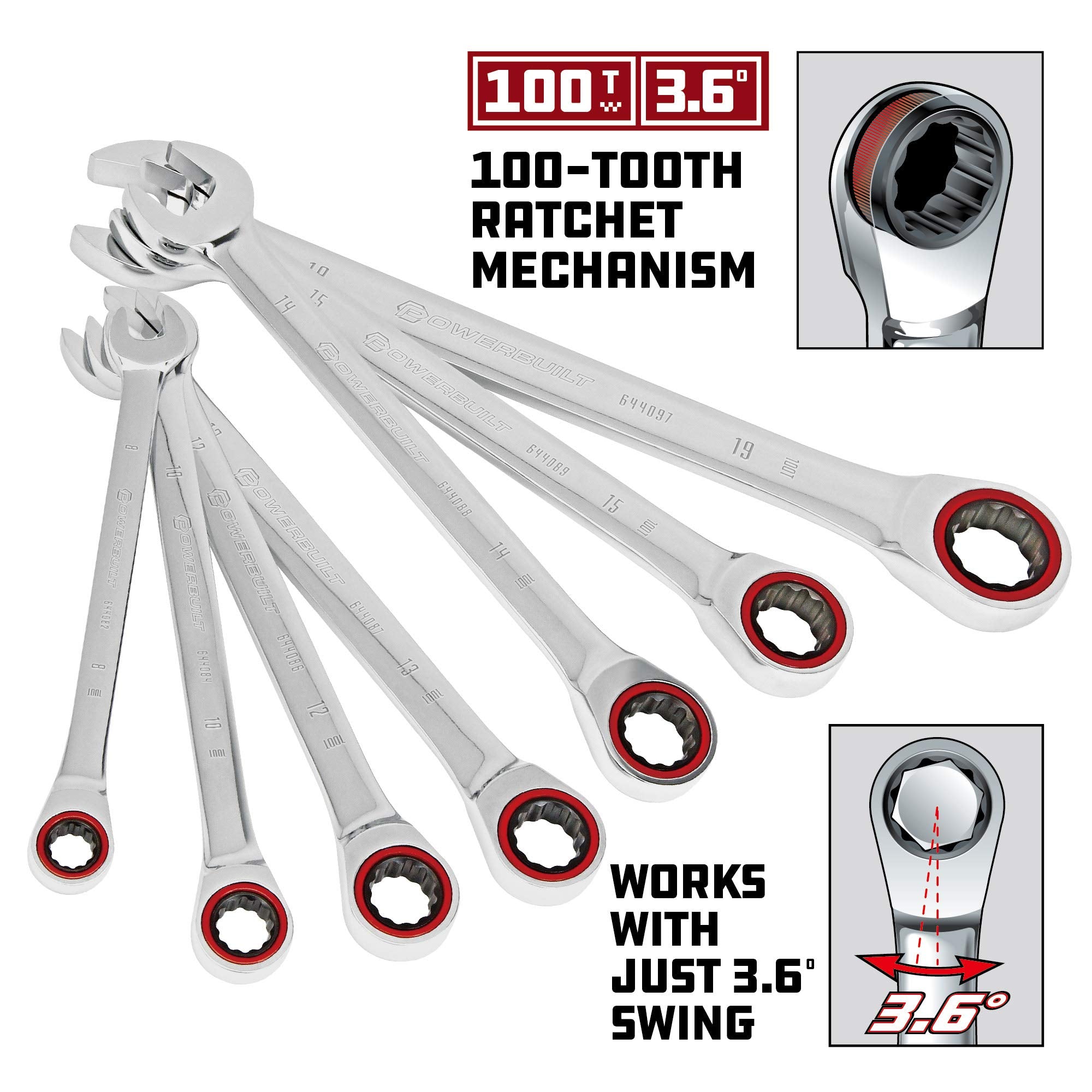 Powerbuilt 100 Tooth 7 Piece Metric Ratcheting Combination Wrench Set, 8mm 10mm 12mm 13mm 14mm 15mm 19mm, Color Ring, 3.6 degrees to engage, Storage Rack - 642762