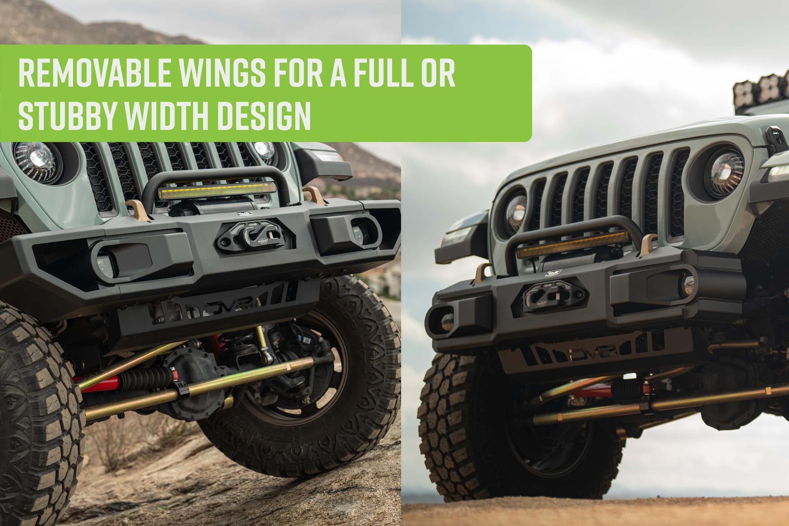 DV8 Offroad Front Bumper OE Plus for 2018-2025 Jeep Wrangler JL & 2020-2025 Gladiator JT | Retains OEM Styling | Recessed Winch Mount | (2) Fog Light or Pod Light Mounts | Removable Wings | Bull Bar