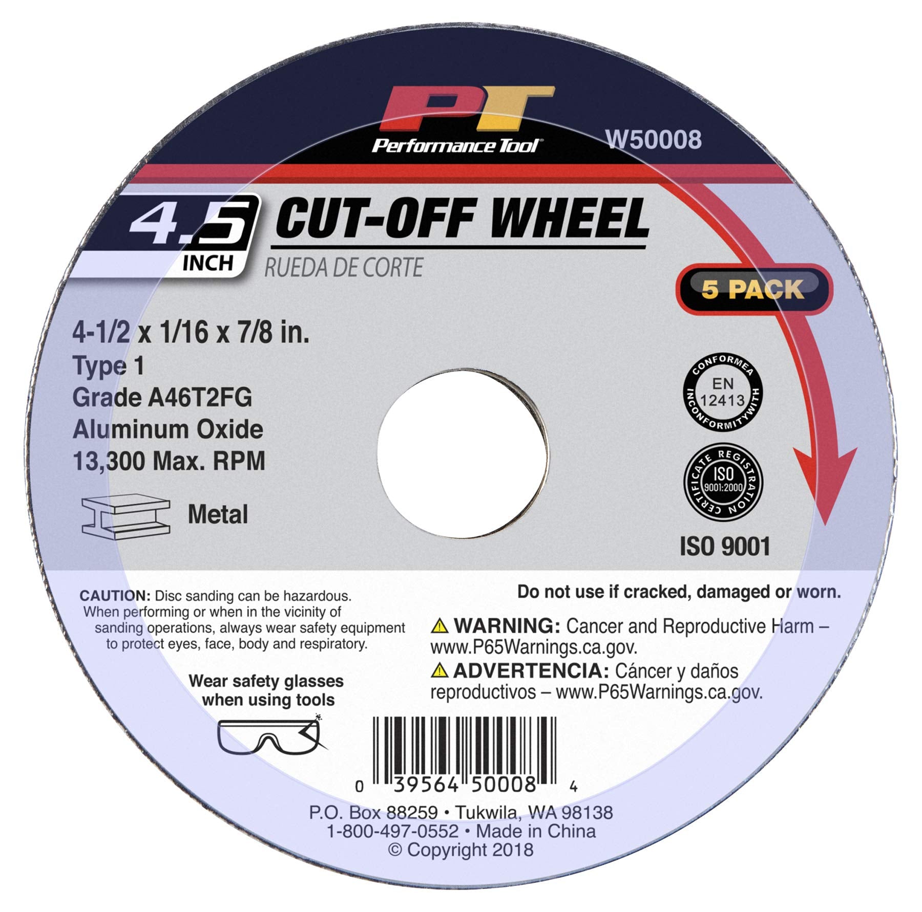 W50008 Performance Tool Premium 4.5-Inch Cut Off Wheel - Aluminum Oxide Grain, Fiberglass Reinforced, 13,300 RPM, ISO9001 Certified by MPA Hanover