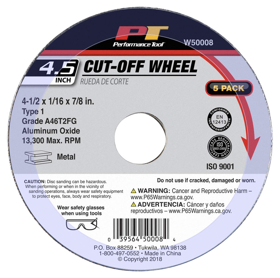 W50008 Performance Tool Premium 4.5-Inch Cut Off Wheel - Aluminum Oxide Grain, Fiberglass Reinforced, 13,300 RPM, ISO9001 Certified by MPA Hanover