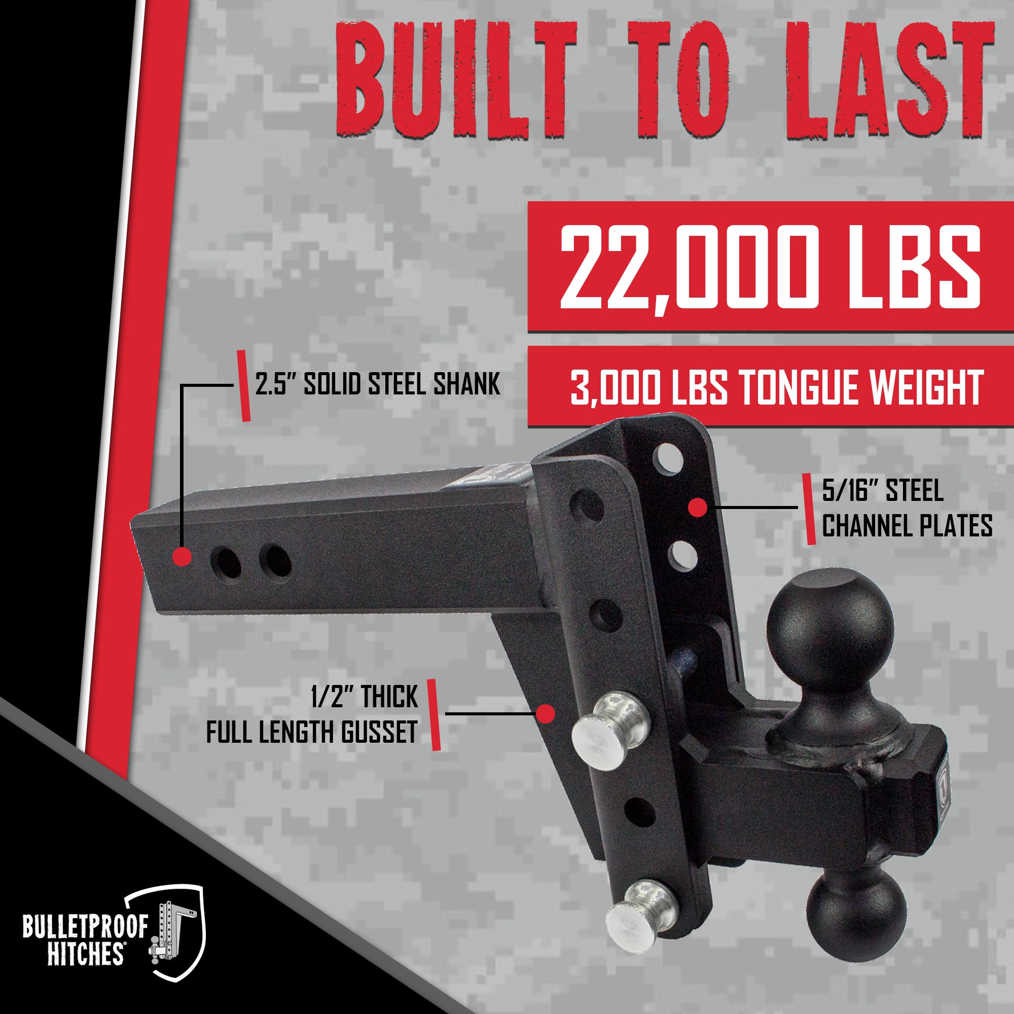 2.5" BulletProof Hitches Adjustable Heavy Duty Trailer Hitch (22,000 lb. Rating) - 4" Drop/Rise Trailer Hitch with 2" & 2-5/16" Dual Ball - Powder Coat, Solid Steel, Corrosion-Resistant