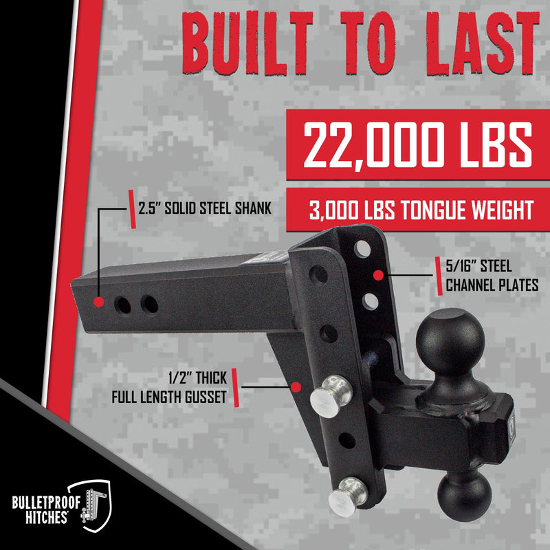 2.5" BulletProof Hitches Adjustable Heavy Duty Trailer Hitch (22,000 lb. Rating) - 4" Drop/Rise Trailer Hitch with 2" & 2-5/16" Dual Ball - Powder Coat, Solid Steel, Corrosion-Resistant