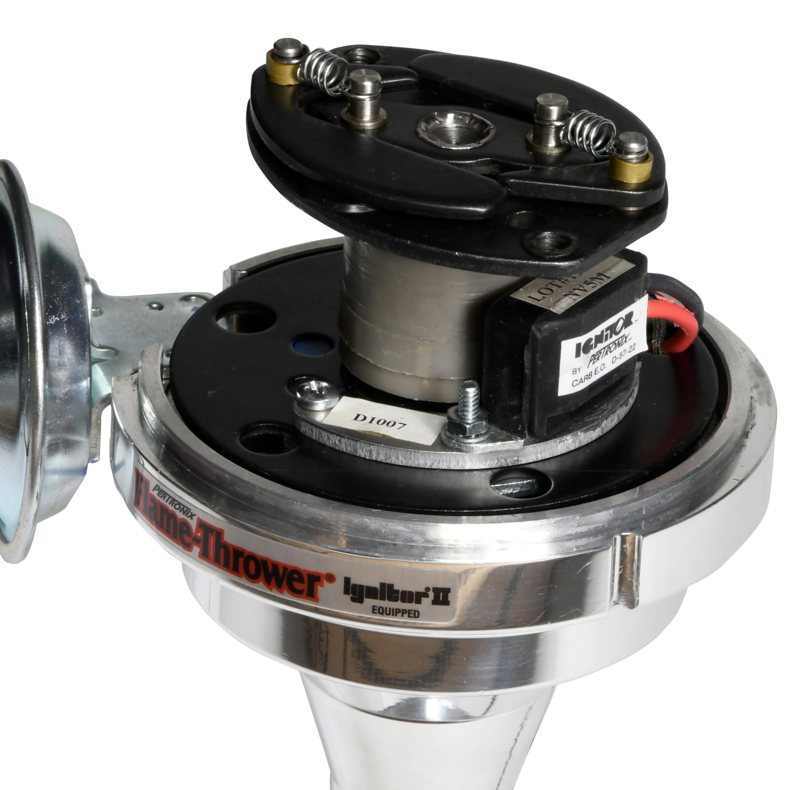 FLAME-THROWER PERTRONIX BILLET DISTRIBUTOR WITH IGNITOR II ELECTRONICS FOR BUICK NAILHEAD ENGINE. VACUUM ADVANCE WITH BLACK FEMALE STYLE CAP.