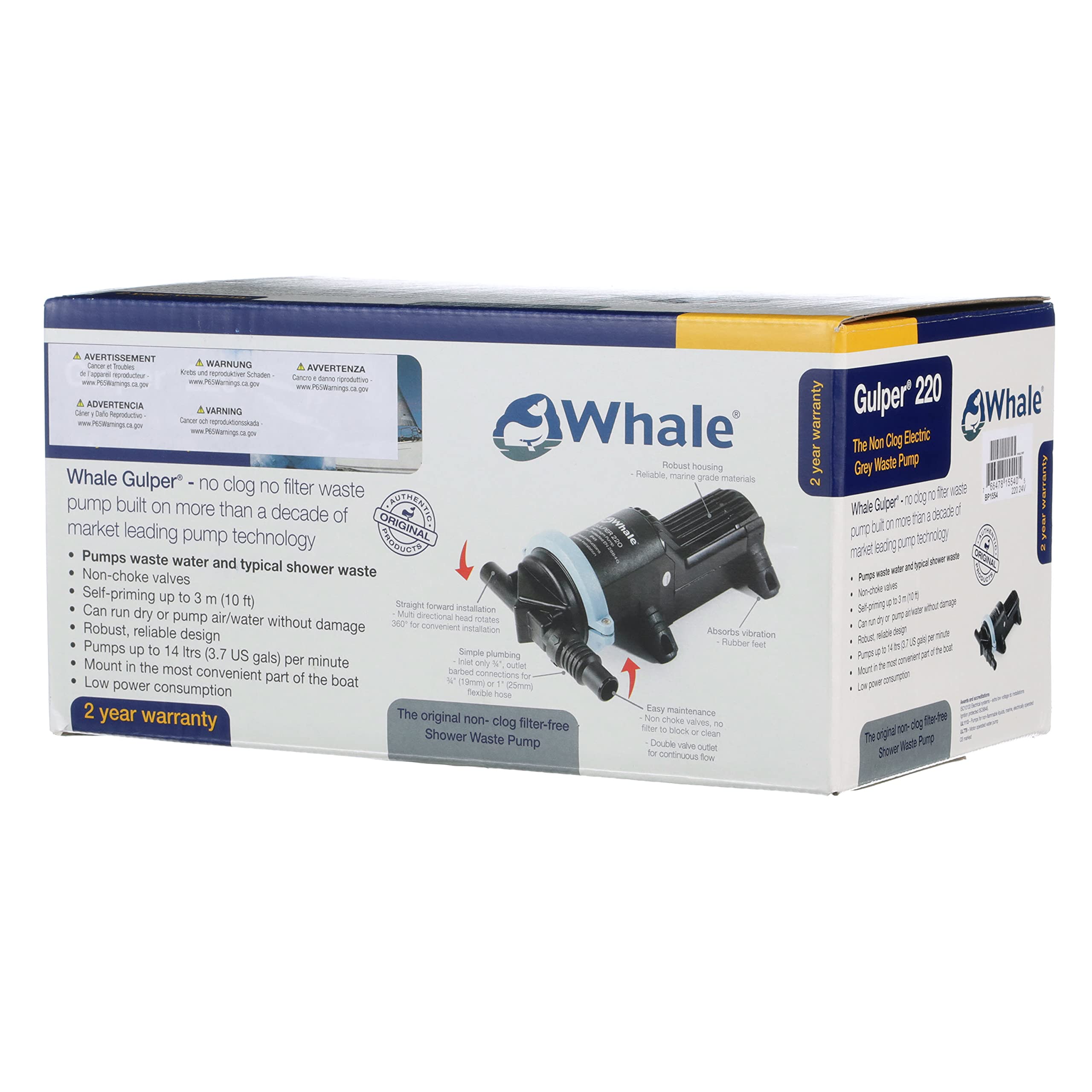 Whale Gulper 220 Pump, BP1554 Manages Gray Waste, 3.5 GPM Flow Rate, 24V DC, ¾-Inch Hose Connections