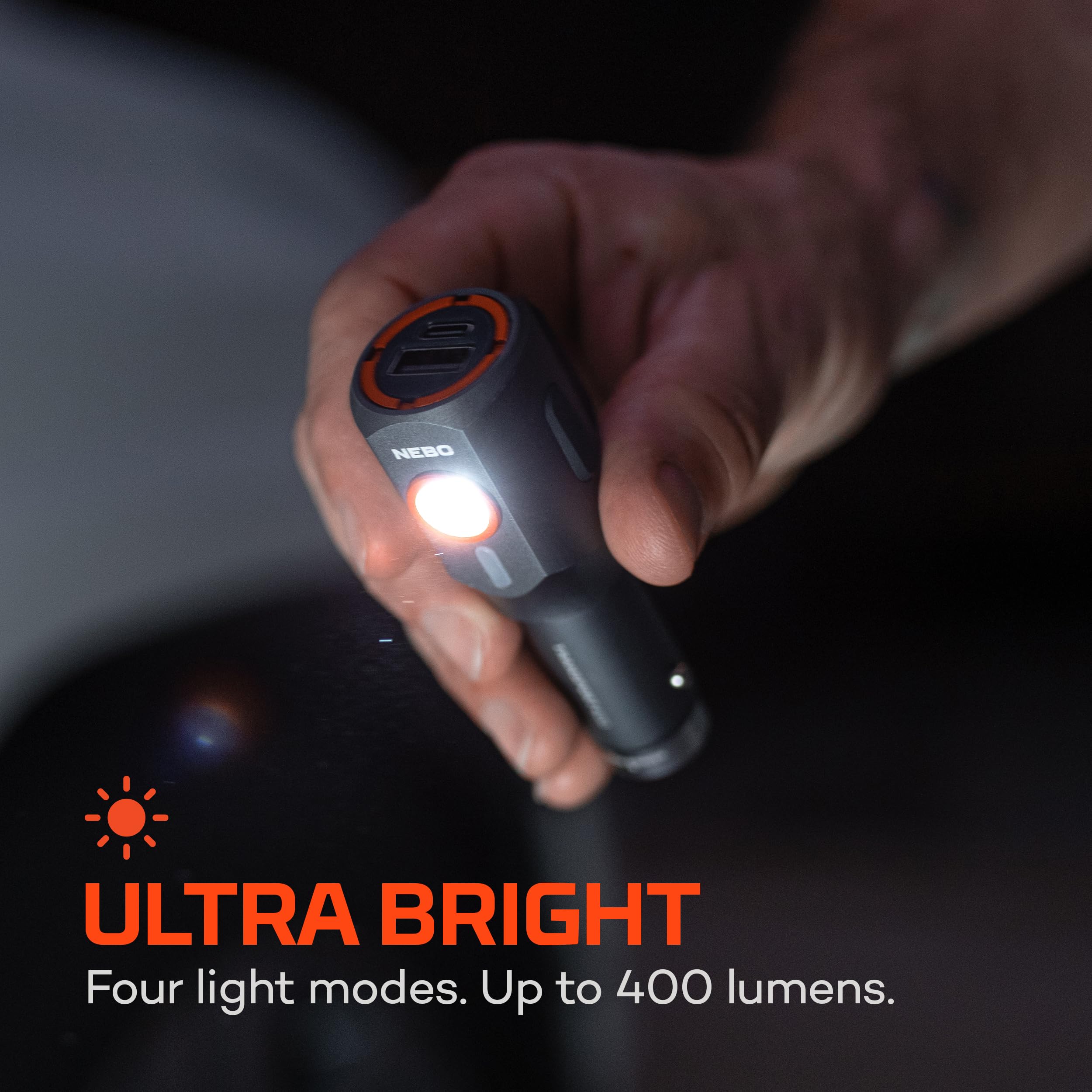TRANSPORT NEBO 400 2-In-1 Car Charger & Flashlight | 400 Lumens, 6 Light Modes, Compact LED Light, Magnetic Pocket Clip, Waterproof, Emergency Glass Breaker, 12V DC or USB-C Rechargeable
