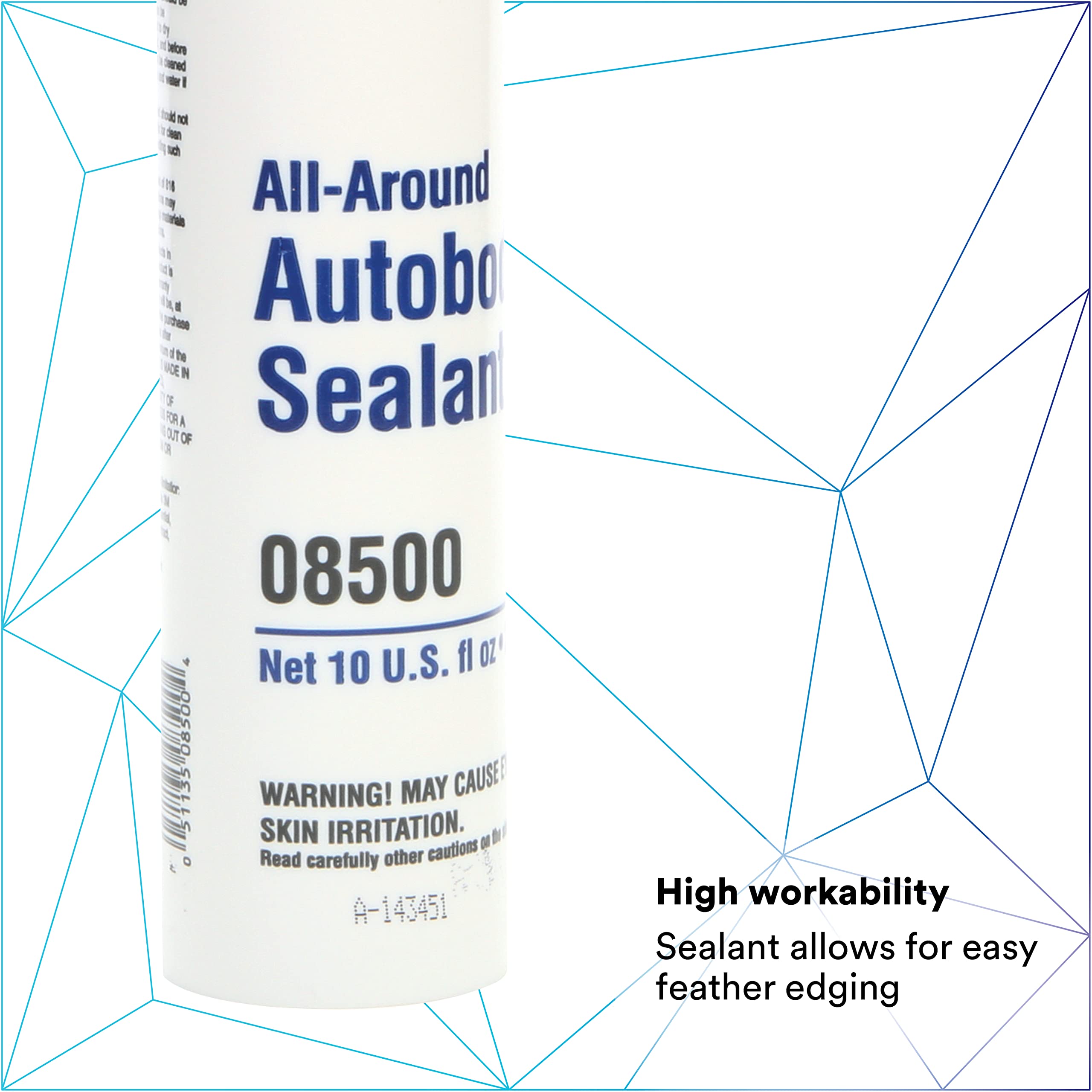 3M Autobody All-Around Sealant, 08500, Medium-Bodied, Water-Based, Quick-Drying, 1/10 gal/10 fl oz Cartridge , White