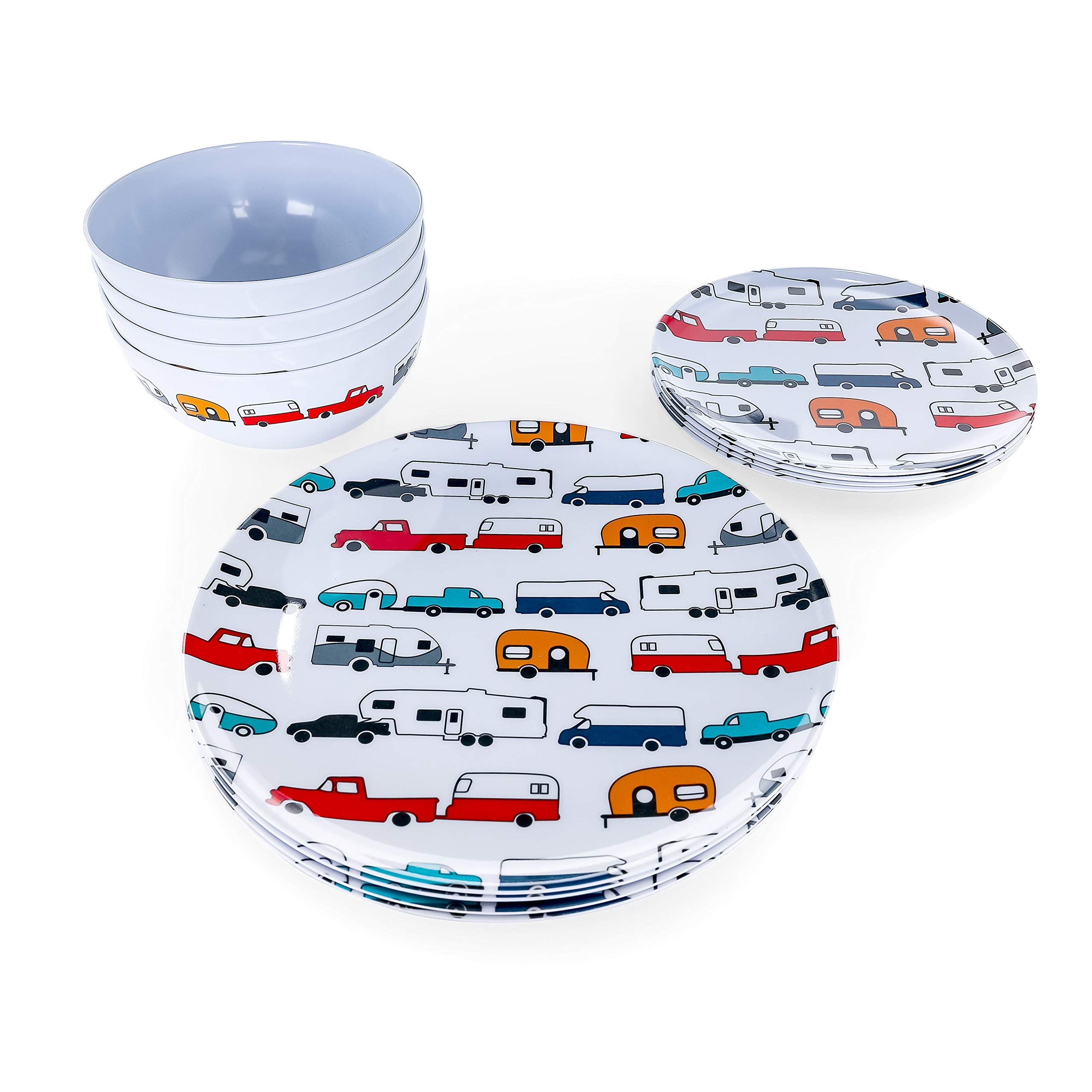 Camco Dishware Set Life is Better at the Campsite | Includes (4) large dinner plates, (4) small salad plates and (4) bowls | Top rack dishwasher safe | Multi-color RV and truck design (53295)