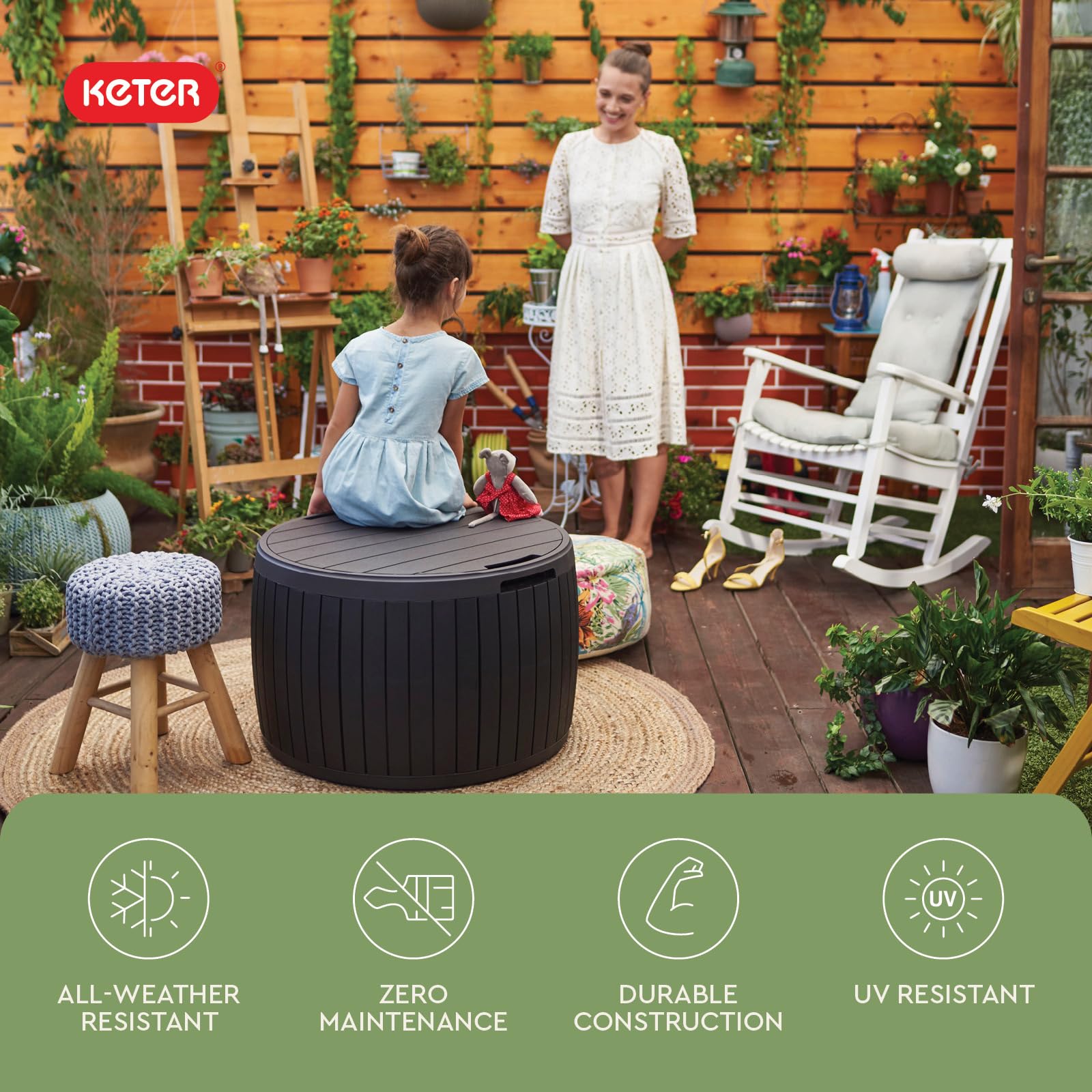 Keter 37 Gallon Circa Deck Box Organizer, Works as Ottoman Chair or Side Table, Brown – Large Resin Round Outdoor Storage and Seating for Garden, Pool, and Patio