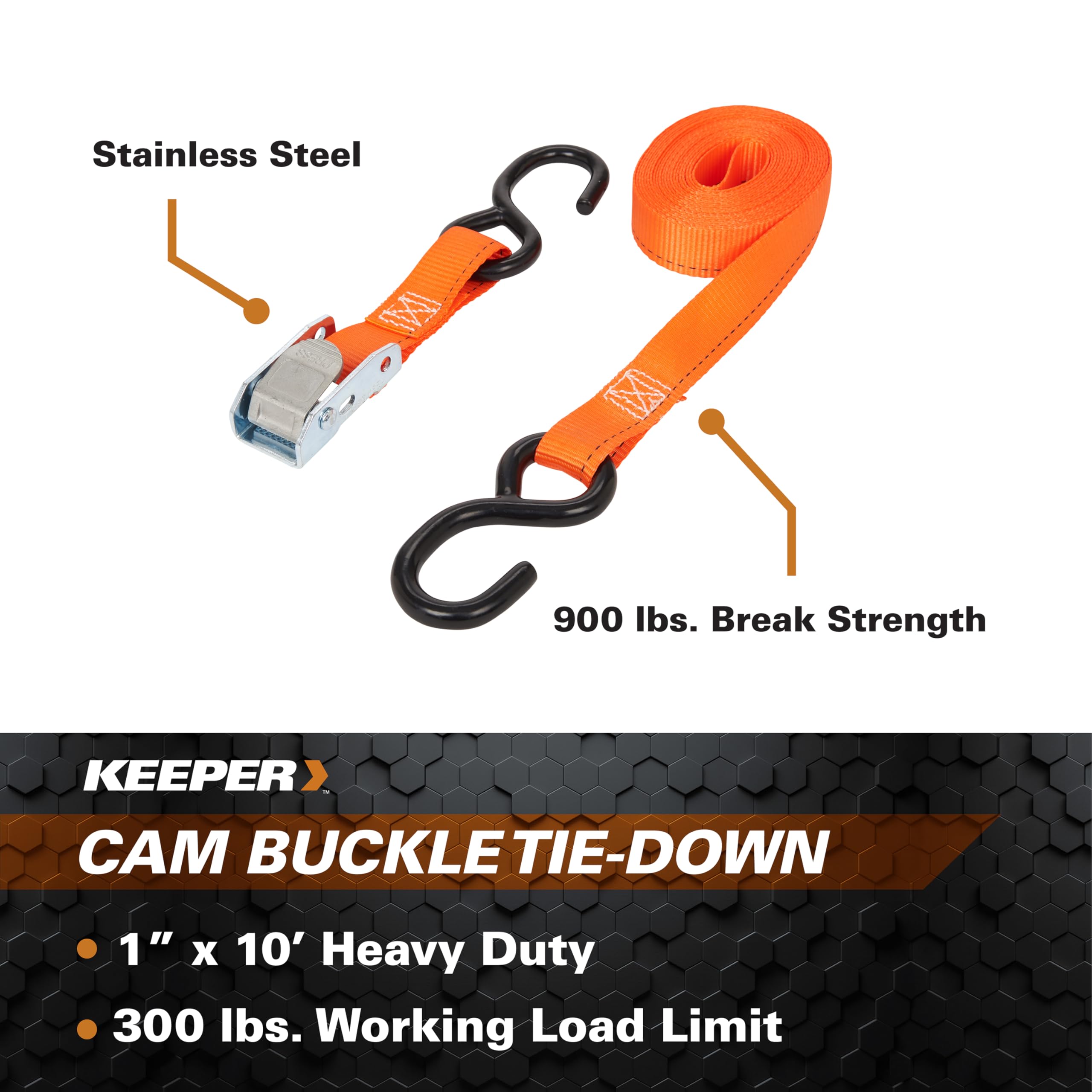 1”x 10' KEEPER Hampton Cam Buckle Tie-Down, 4 Pack - 300 lbs. Working Load Limit and 900 lbs. Break Strength