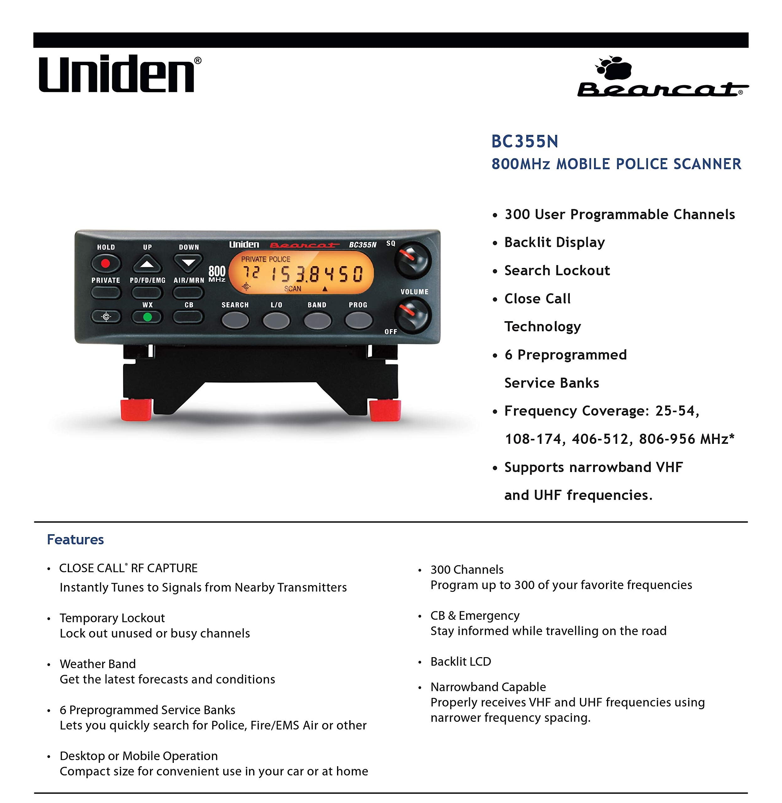 Uniden 300-Channel BC355N Base/Mobile Scanner, Close Call Capture, Pre-programmed Search “Action” Bands to Hear Non-Digital Police, Ambulance, Fire, Amateur Radio, Public Utilities, Weather & more