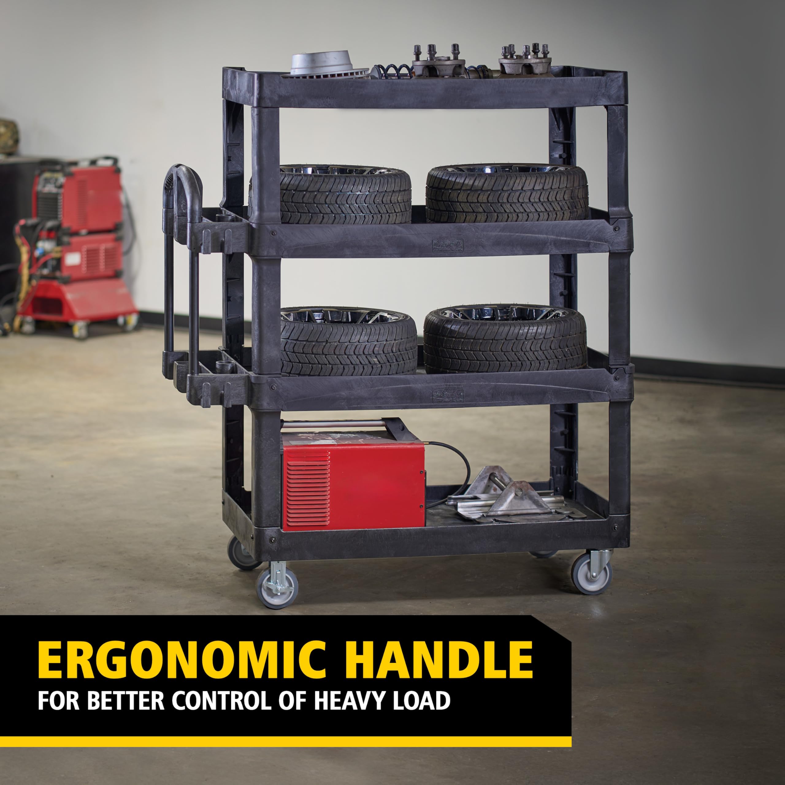 Rubbermaid Commercial Products 4-Shelf Quad Utility/Service Cart, Heavy Duty Large, Lipped Shelf, Ergonomic Handle, 700 lbs. Capacity, for Warehouse/Garage/Cleaning/Manufacturing (2128657) Black
