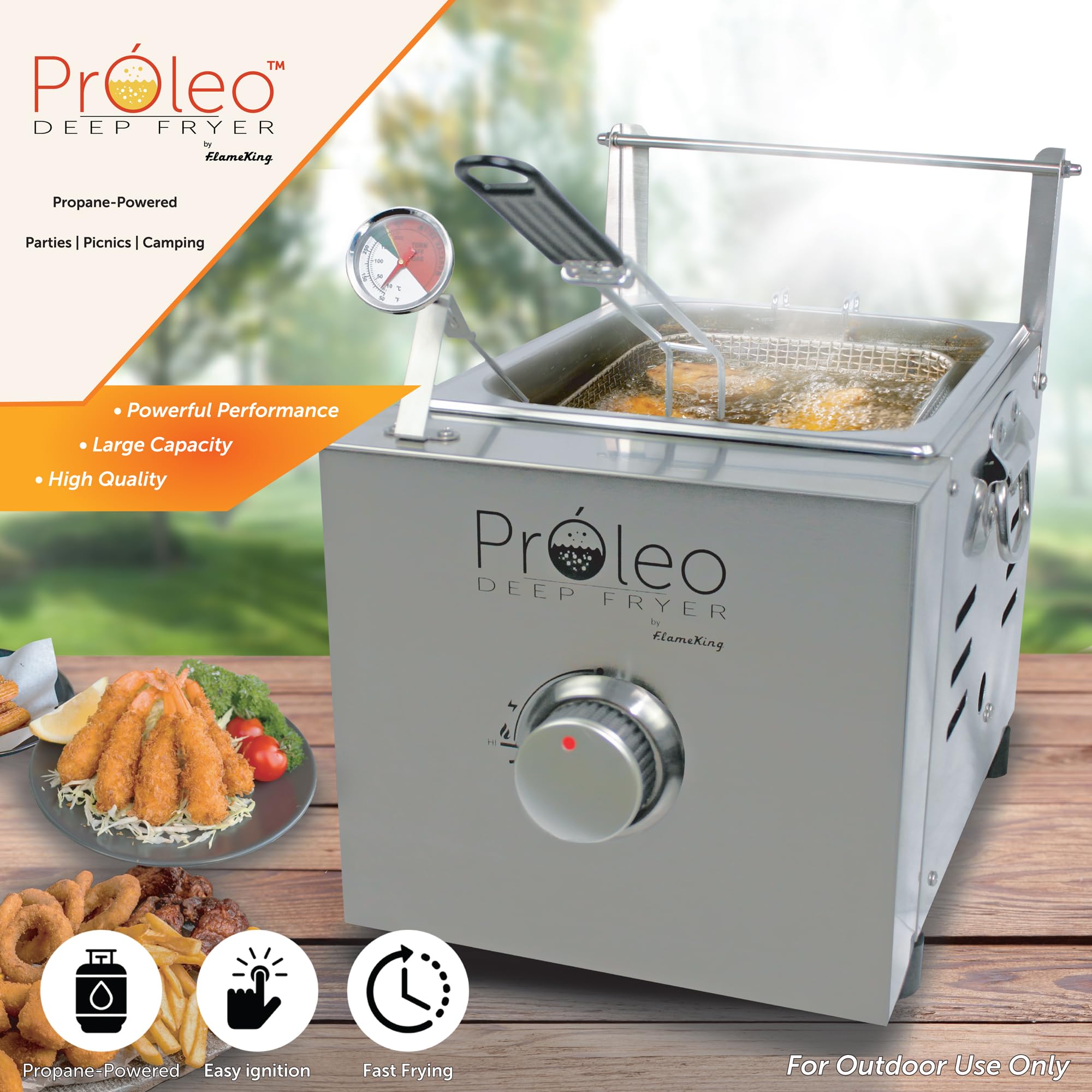 Proleo Flame King Tabletop Propane Deep Fryer with Oil Thermometer, 2.5 Gallons Capacity, with 5-FT Propane Regulator Hose