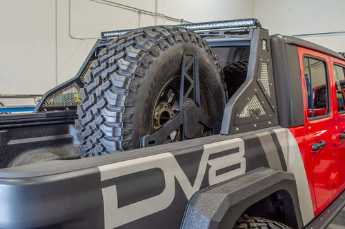 Spare Tire Mount DV8 Offroad for The 2020-2025 Jeep Gladiator JT | Vertical in-Bed Design | Accommodates up to 42" Tire | Mounts Either Bed Rail | Powder Coat Finish