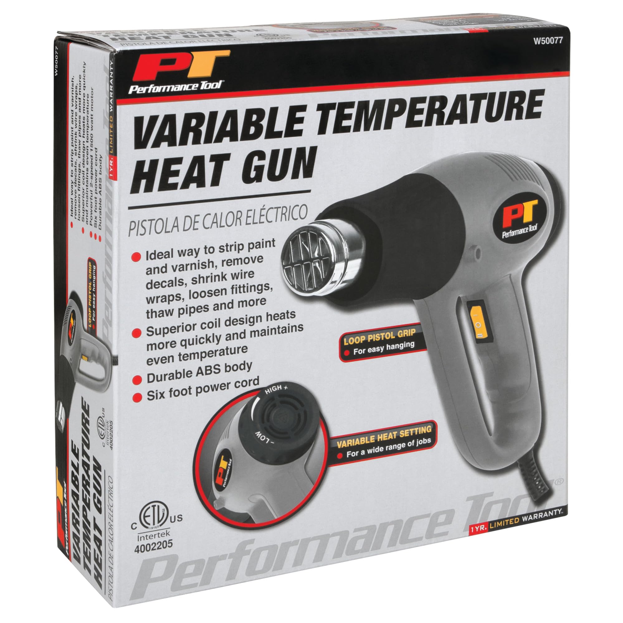 W50077 Performance Tool Variable Temperature Precision Control Heat Gun 1500W, for Removing Paint, Bending Pipes, Shrinking PVC and More