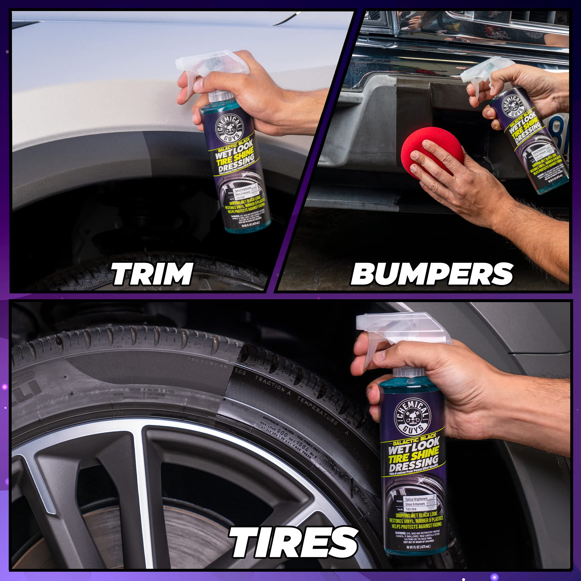 Chemical Guys Wet Look Galactic Black Tire Shine Dressing – High Gloss Spray for Tires, Trim and Rubber – Restores Deep Black Shine and Protection for Cars, Trucks, Motorcycles and RVs, 16 oz