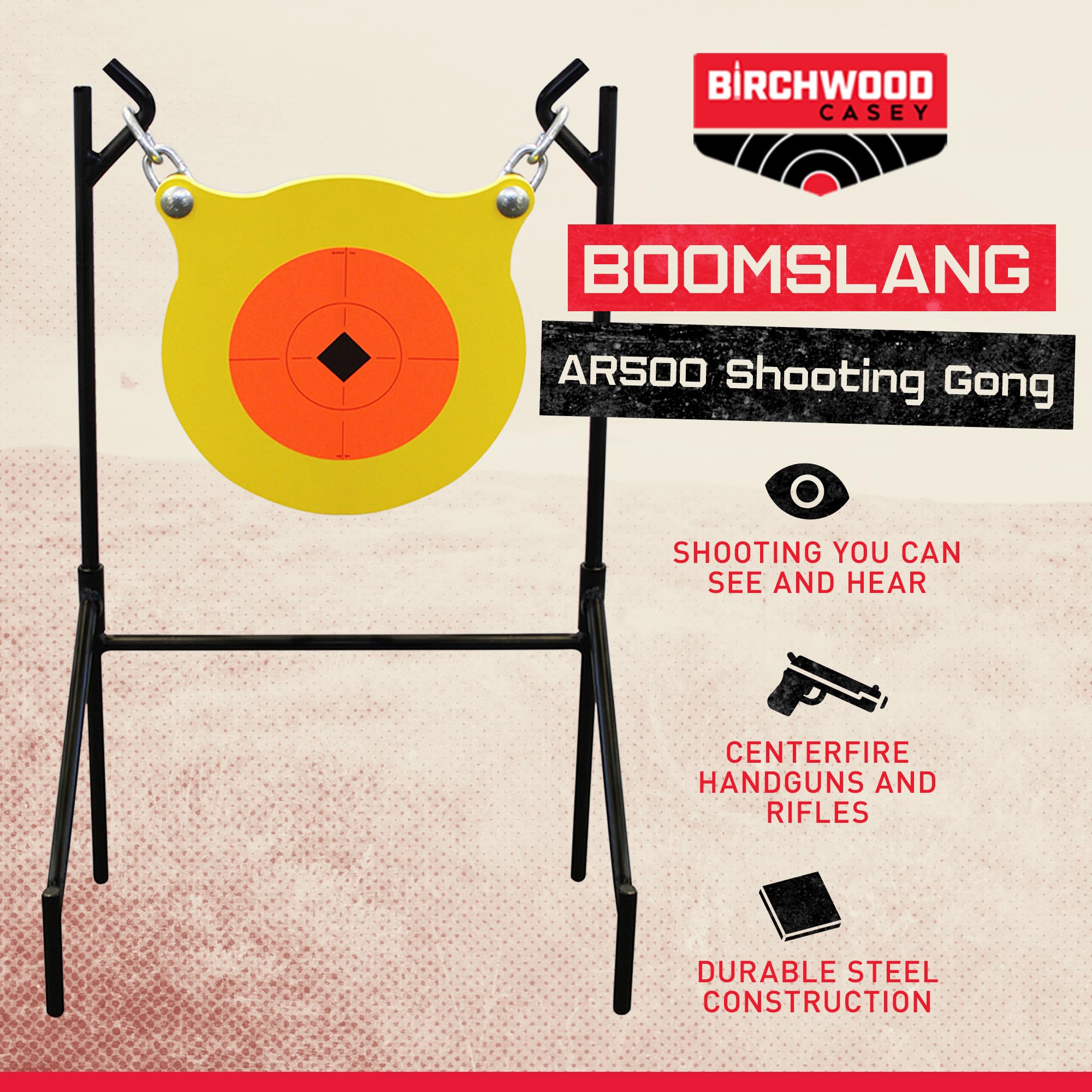 Birchwood Casey Boomslang World of Targets AR500 Steel Durable 0.5" Thick 9.5" Diameter Shooting Gong Target with Stand & Hanging Hardware