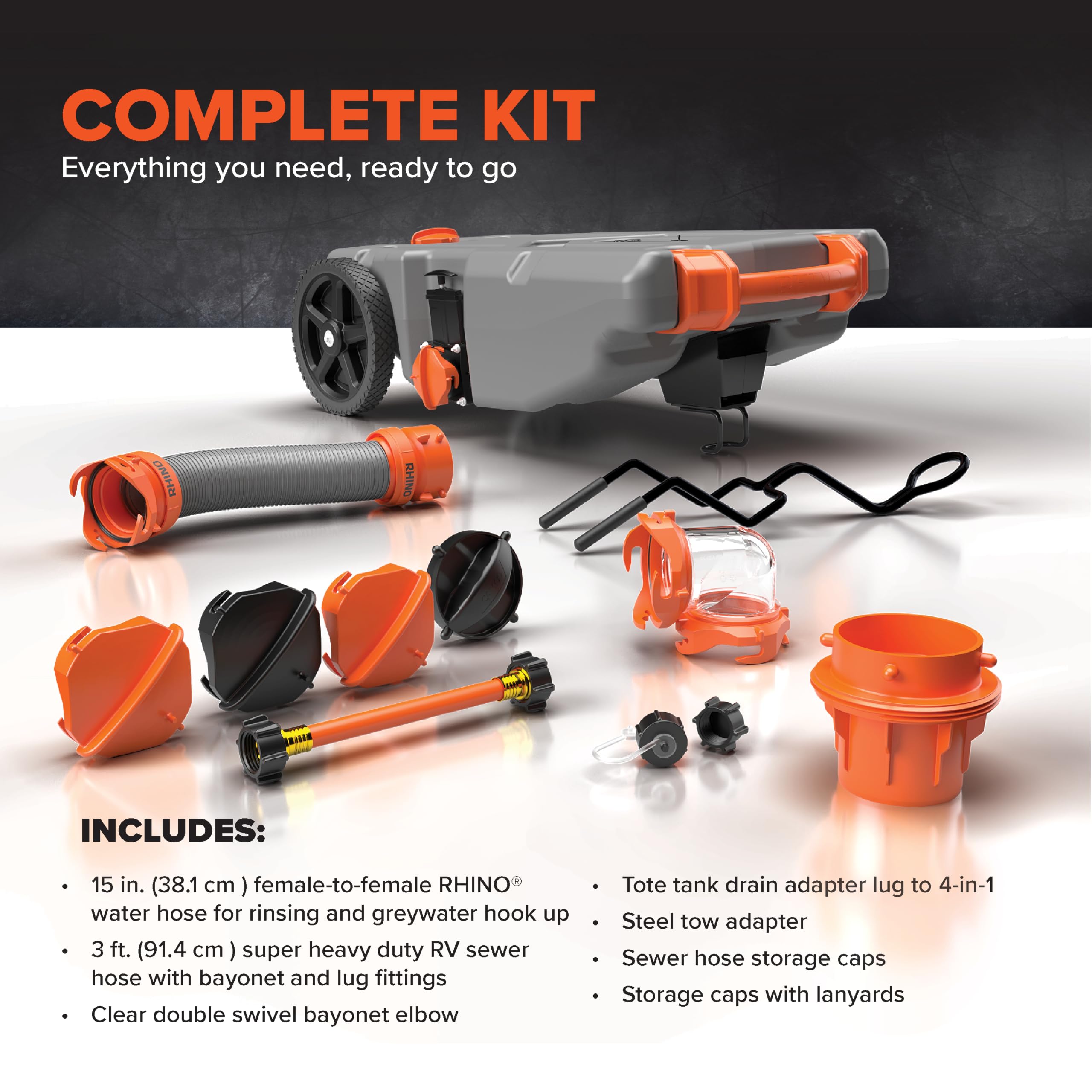 Camco 36-Gallon Rhino Camper/RV Tote Tank - Features Large Heavy-Duty No-Flat Wheels & Built-In Gate Valve - Removable Steel Tow Adapter, 3’ Sewer Hose & More RV Accessories (39006)