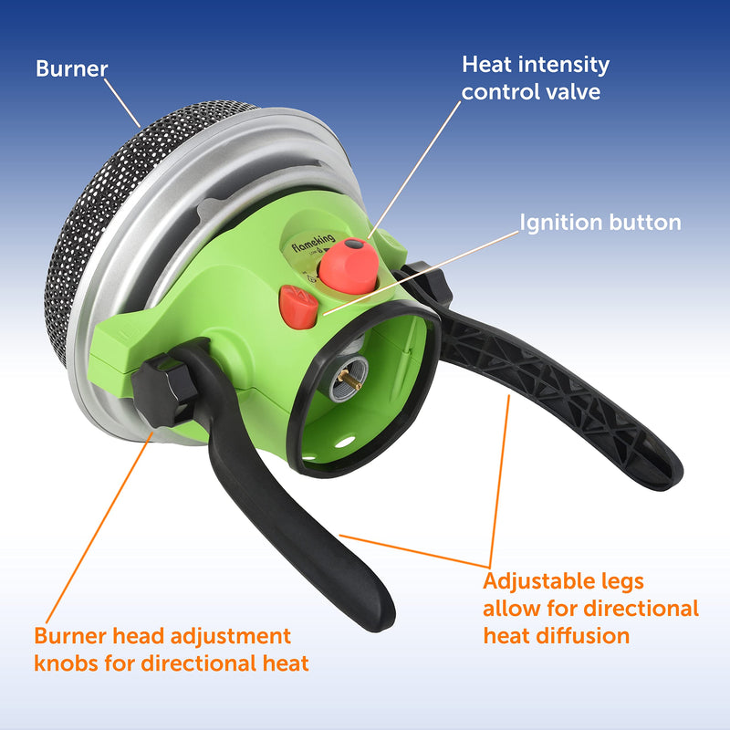 Portable Flame King Propane Gas Outdoor Heater with Piezo Electric Start for Camping, Garage, Ice Fishing, Patio, and Tabletop Green Small