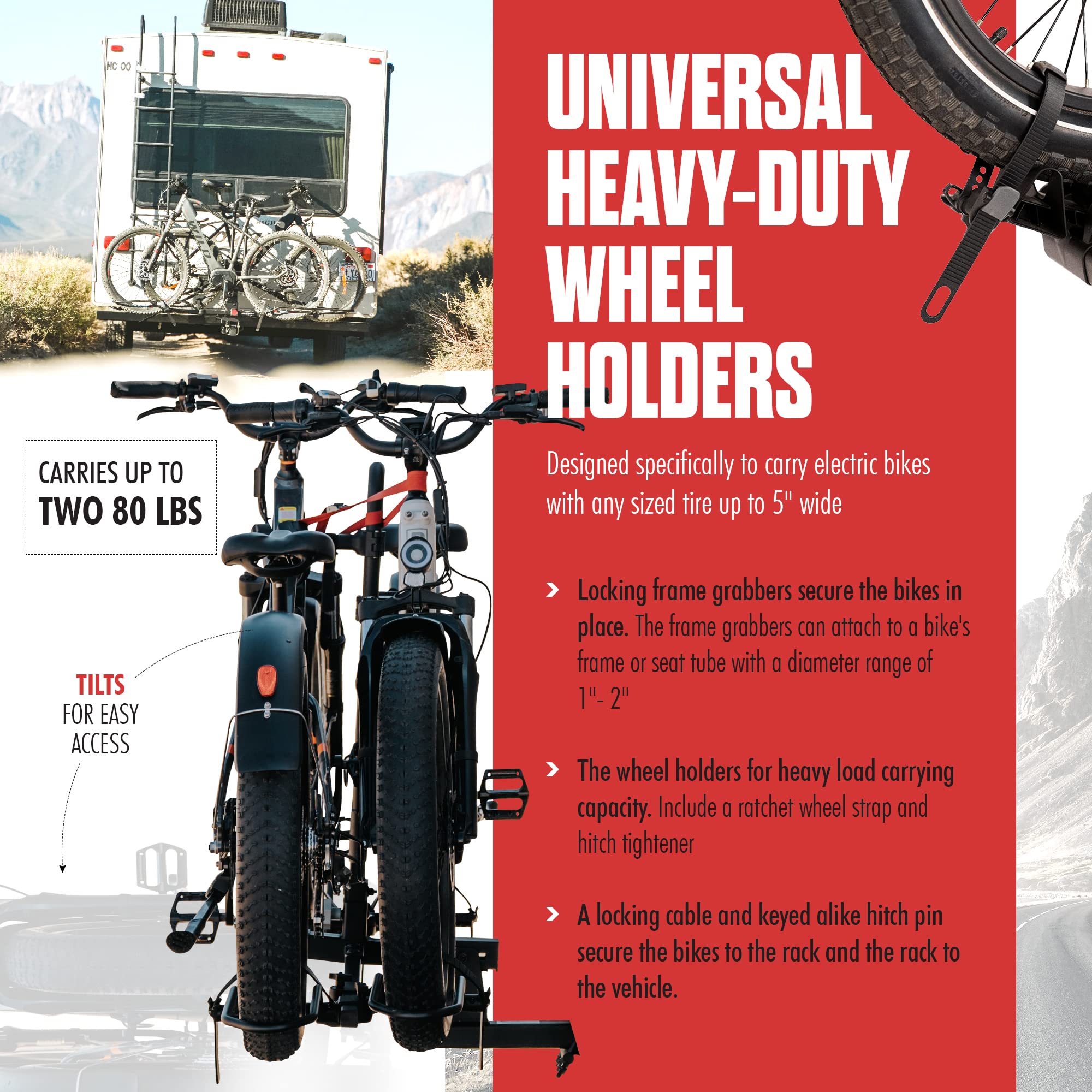 RV Rider Hollywood Hitch Bike Rack for 2 E-Bikes up to 80 lbs Each - Premium Electric Bike Rack for RV, Fifth Wheel, Flat Towed Vehicle - Durable for Standard and Fat Tire Bikes