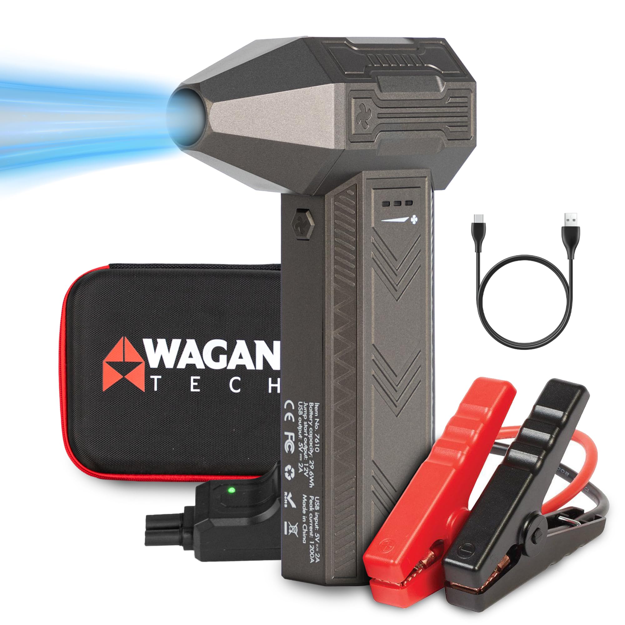 Wagan iOnBoost V8 Jet 1200A Peak Jump Starter with 12V Turbo Air Blower Portable Lithium Car Battery Up to 4.0L V8 or 2.0L Diesel 95,000RPM Cordless Jet Blower Power Bank, for Car Home Use