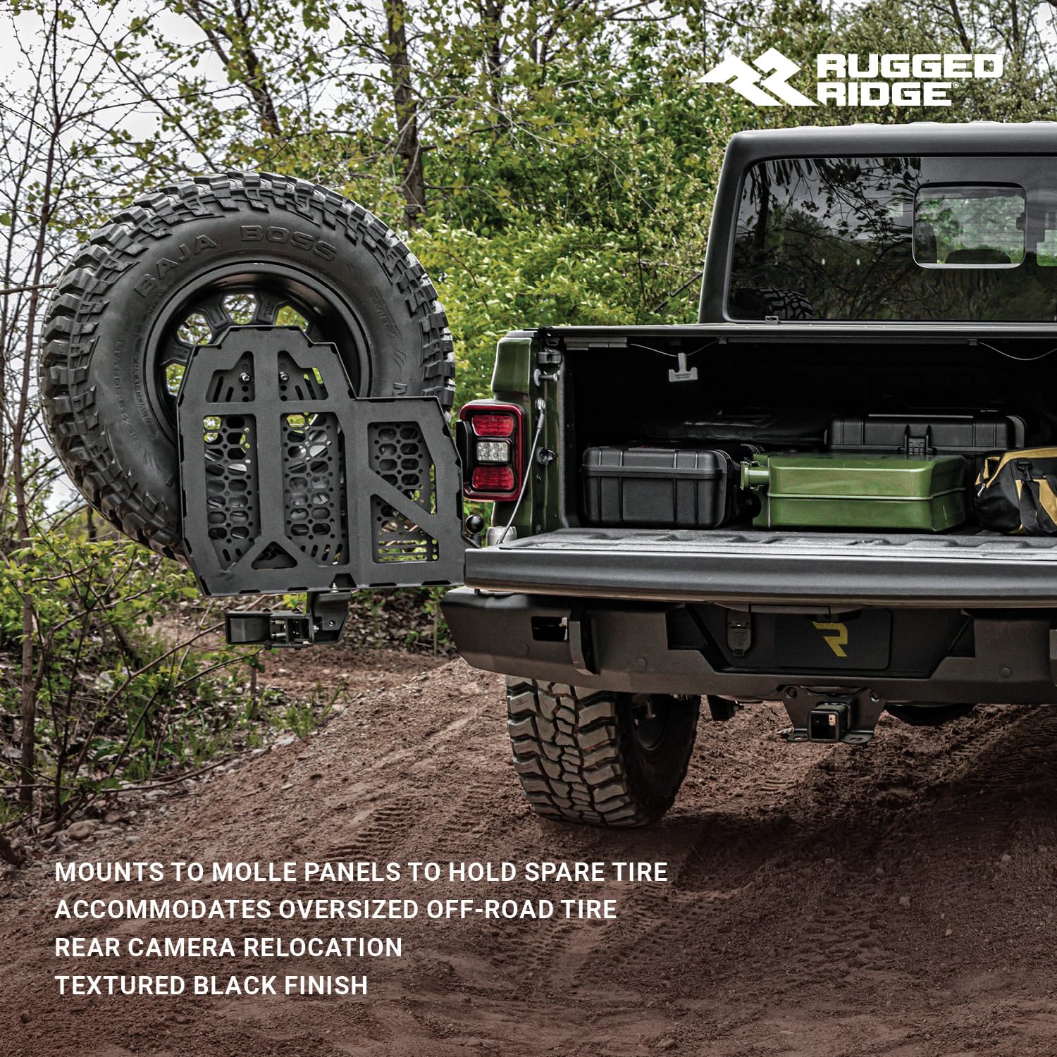 WingMate Rugged Ridge Tire Carrier Mount & Camera Relocation for Jeep Gladiator JT | Heavy Duty, Textured Black | 11540.46 | Fits 2020-2024 Jeep Gladiator JT w/Rear WingMate Bumper (Part # 11540.38)