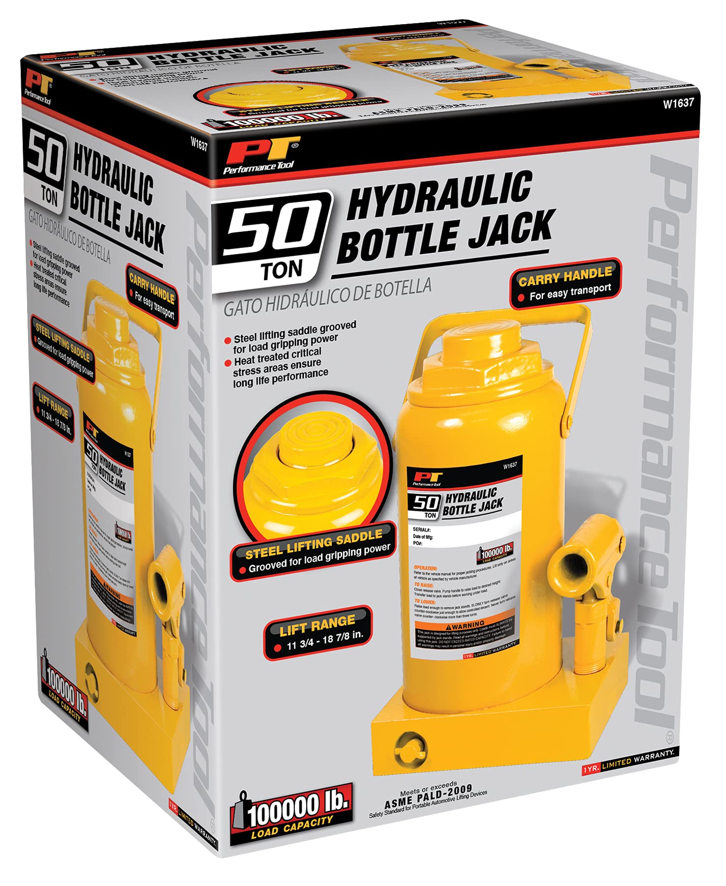 50 Ton Performance Tool W1637 Heavy Duty Hydraulic Bottle Jack (100,000 lbs.)