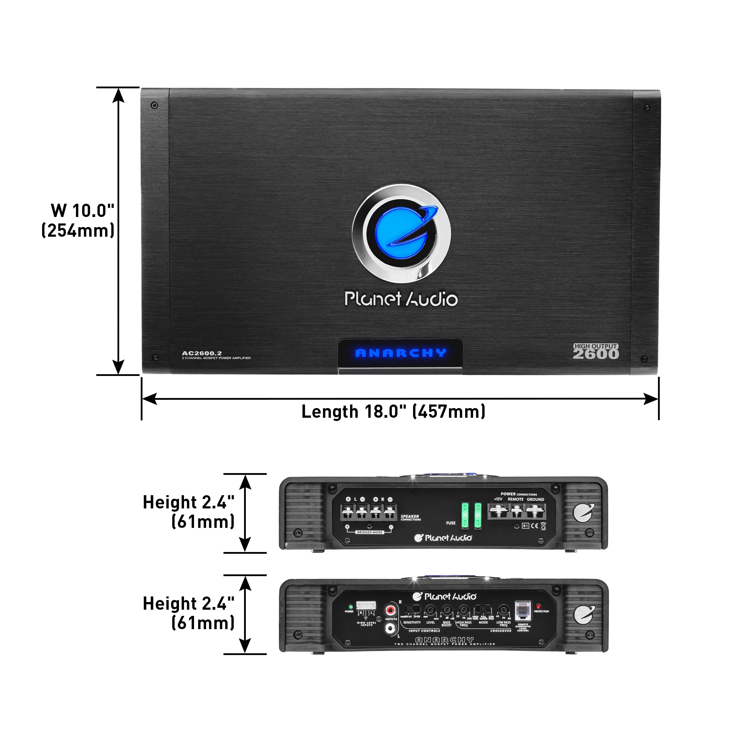 Anarchy Series Planet Audio AC2600.2 2 Channel Class A/B Car Amplifier - 2600 High Output, 2-8 Ohm Stable, High/Low Level Inputs, High/Low Pass Crossover, Full Range, Hook Up to Subwoofer for Bass