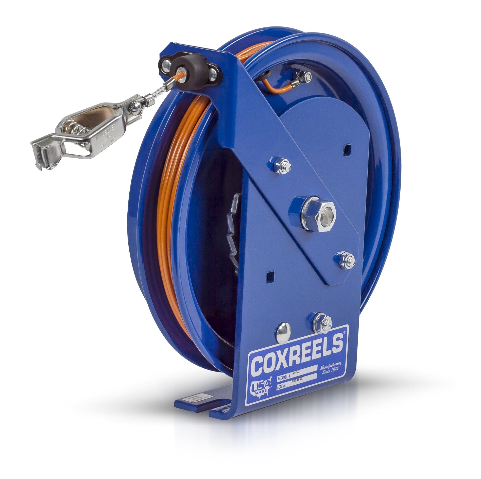 SD-50 Coxreels Retractable Static Discharge Cable Reel SD Series, 50’- Easy Maintenance Compact Design - Heavy Duty Steel Construction, Made in USA, Blue