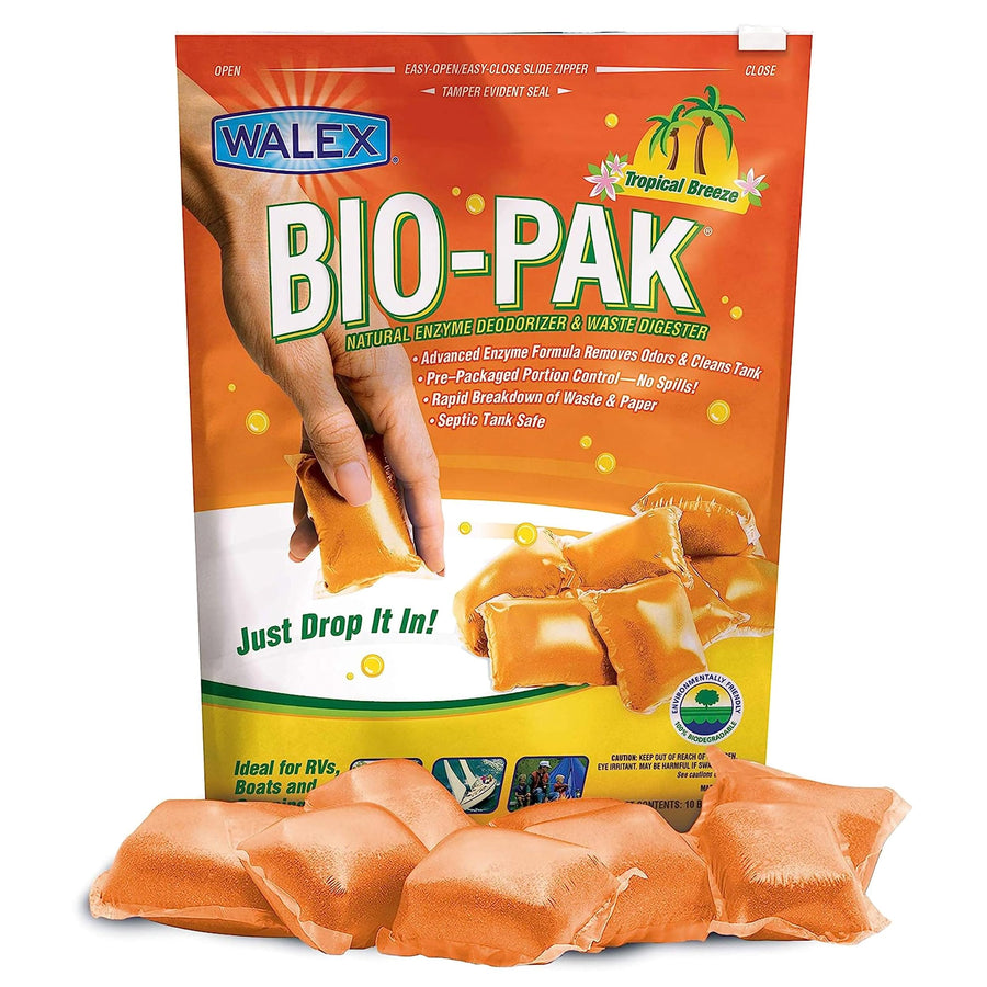 Walex Black Bio-Pak Holding Tank Deodorizer & Waste Digester Drop-Ins - Advanced Enzyme Formula for Rapid Breakdown of Waste & Paper, Removes Odors & Cleans Tank; Tropical Breeze, 10-Pack